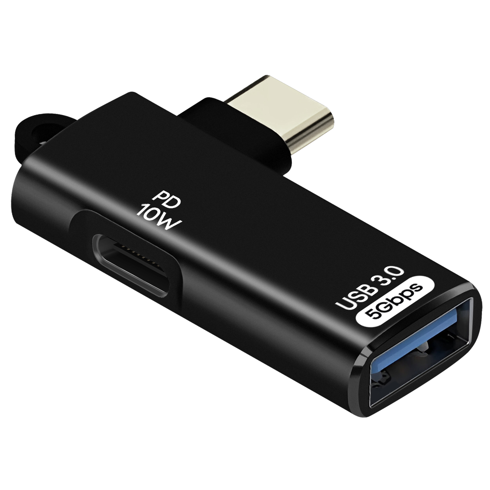 Adaptateur USB noir avec port USB-C et USB 3.0, étiqueté PD 10W et 5Gbps.
