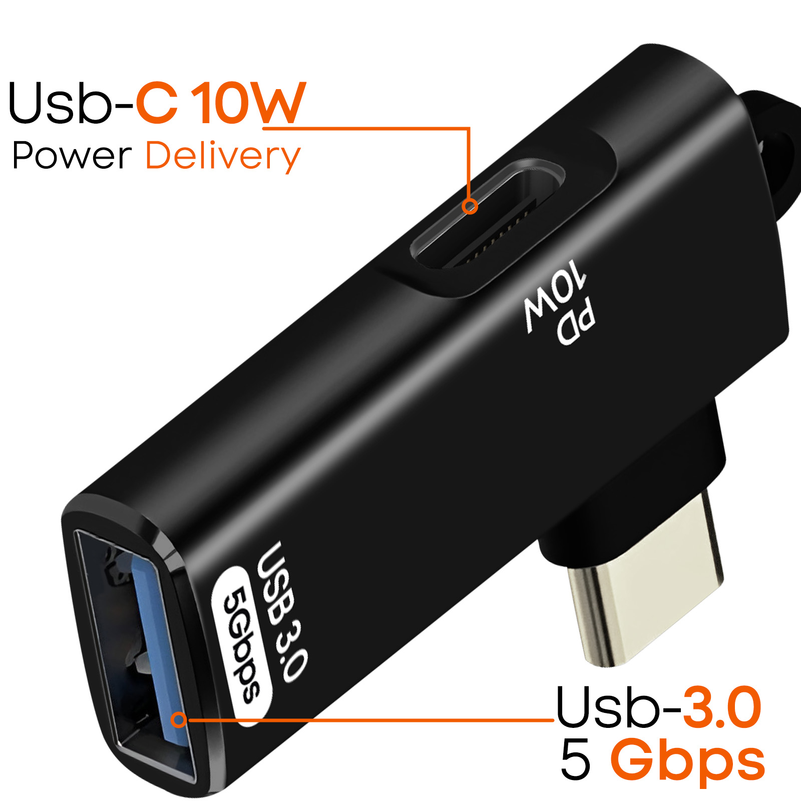 Un adaptateur USB noir avec ports USB-C et USB 3.0 est montré. Le texte décrit les ports.