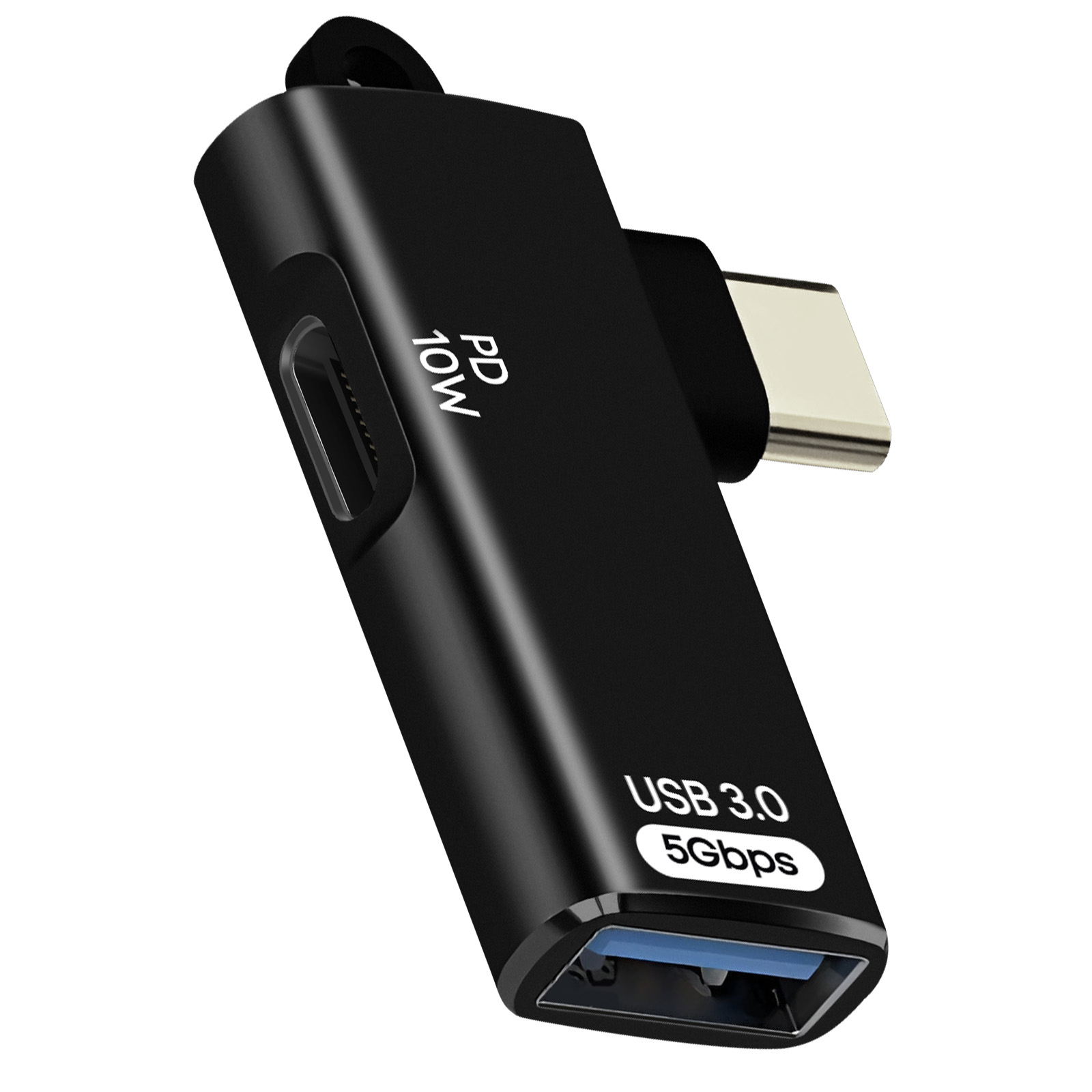 Un adaptateur USB noir avec ports USB-C et USB 3.0 est montré. Le texte indique les ports.