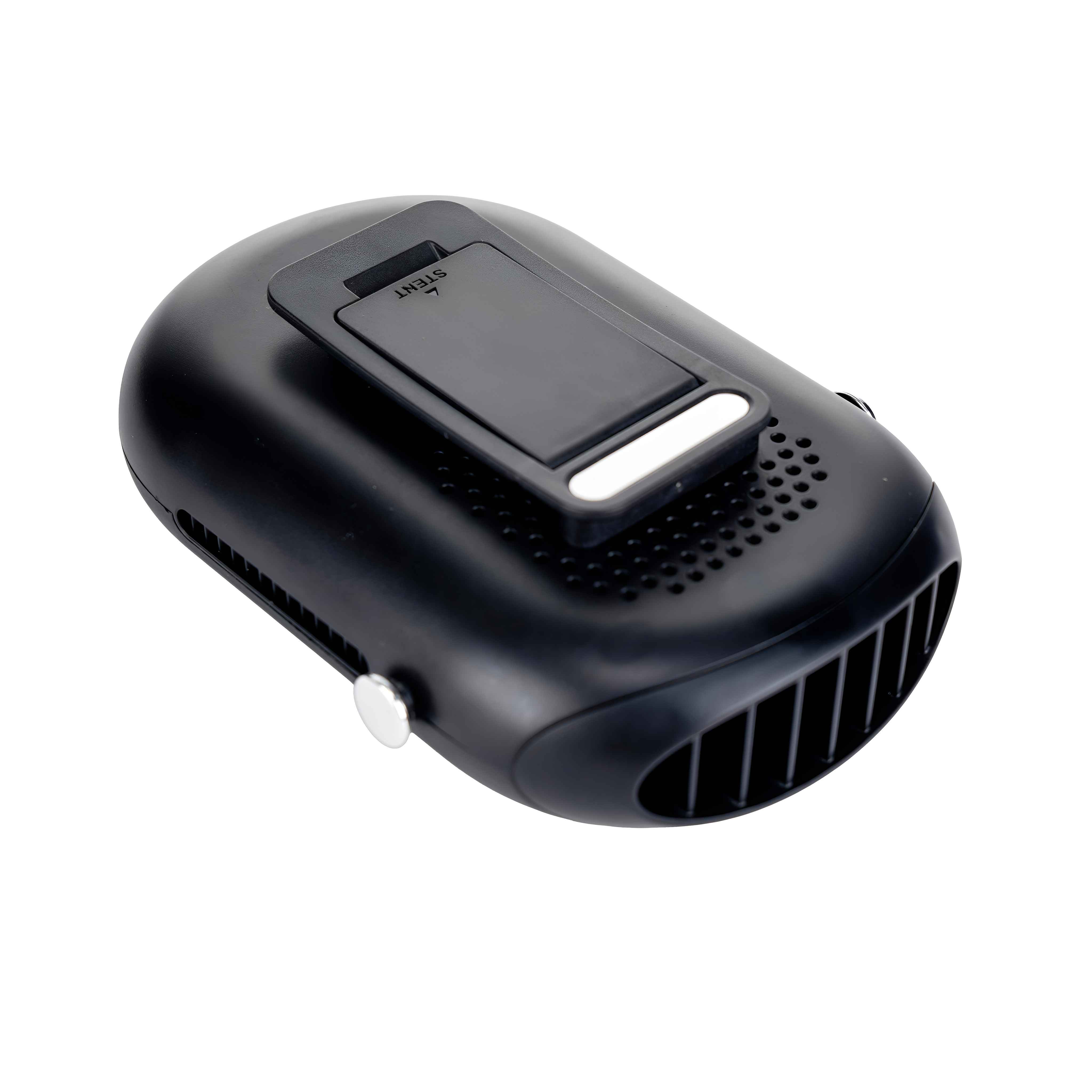 Ein schwarzer tragbarer Ventilator mit Ständer, mit Belüftungsöffnungen und einem Netzschalter.