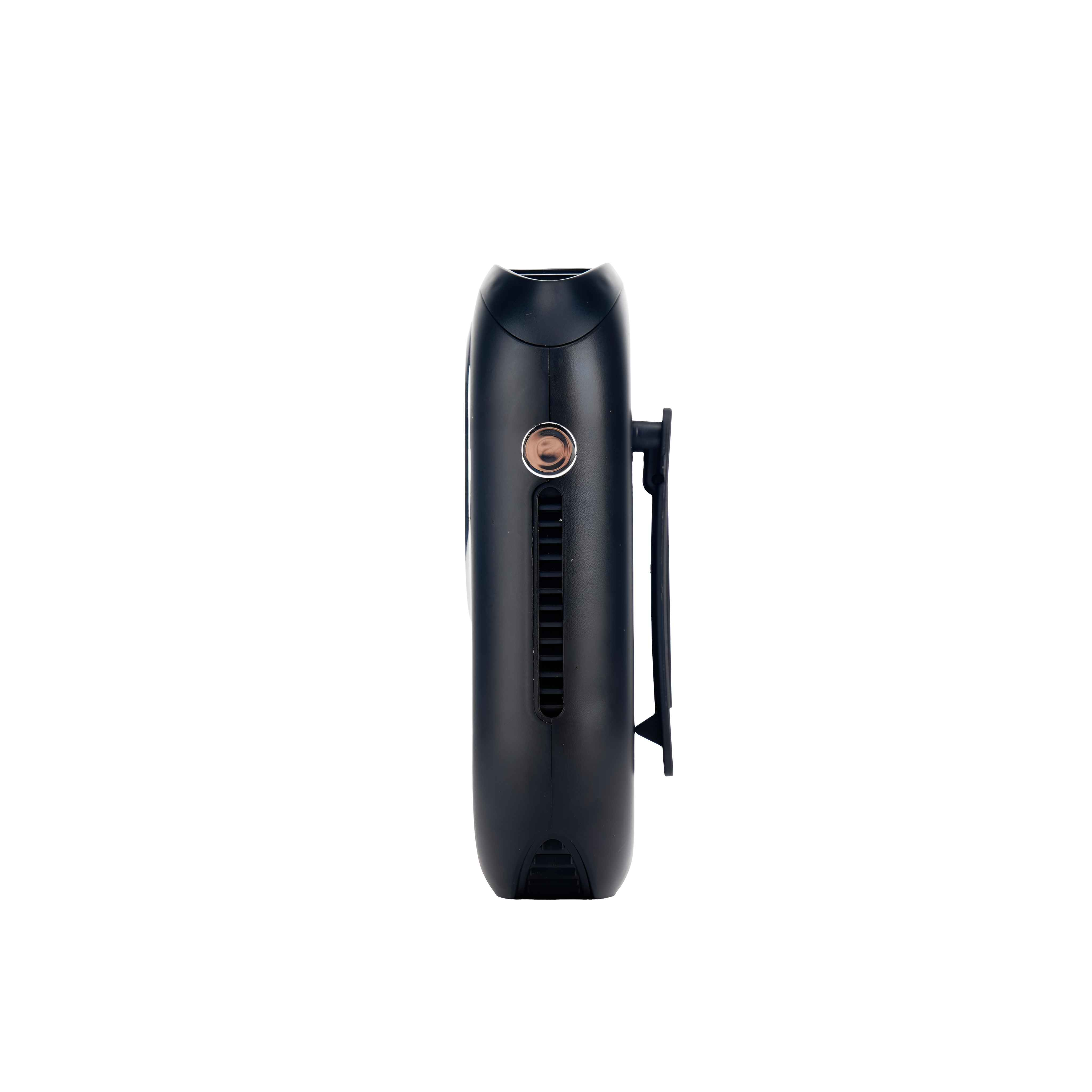 Schwarzer tragbarer Ventilator mit Clip an der Seite, von der Seite betrachtet.