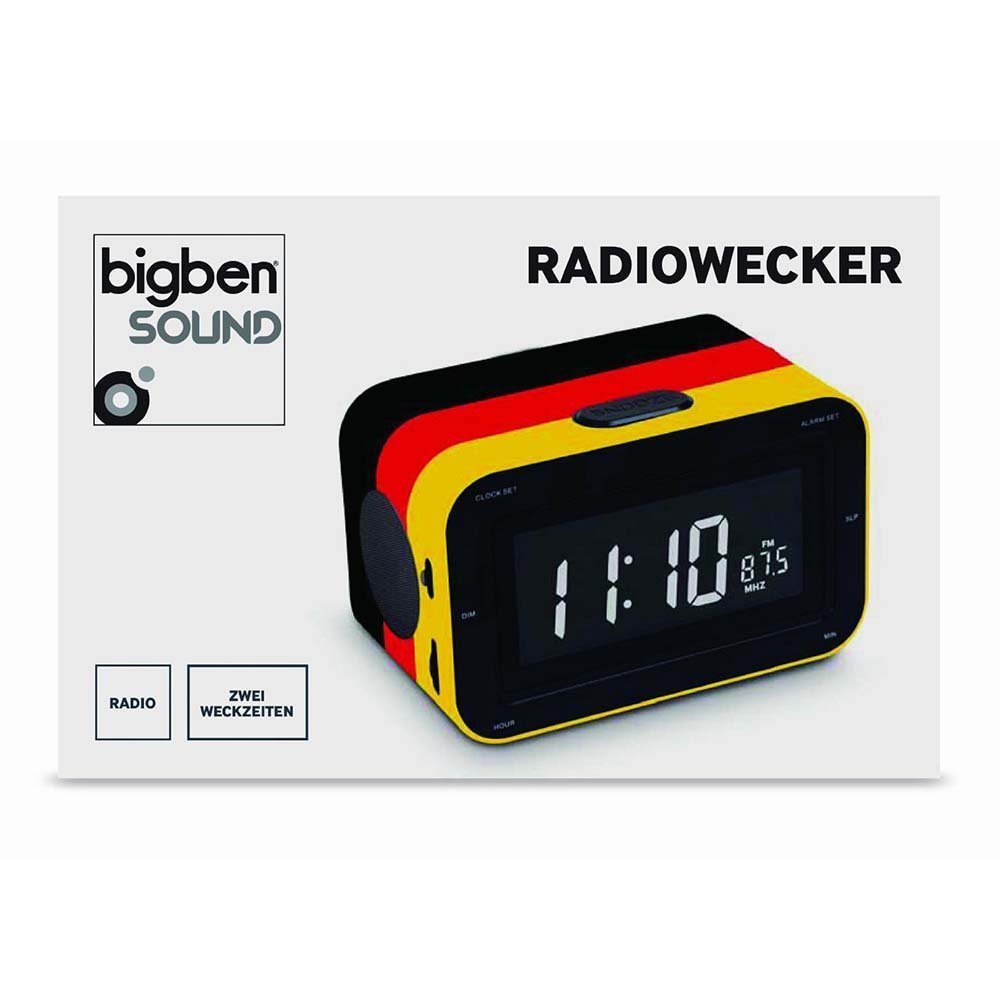Ein digitaler Wecker in den Farben der deutschen Flagge, auf weißem Grund, mit Text auf einer Box.