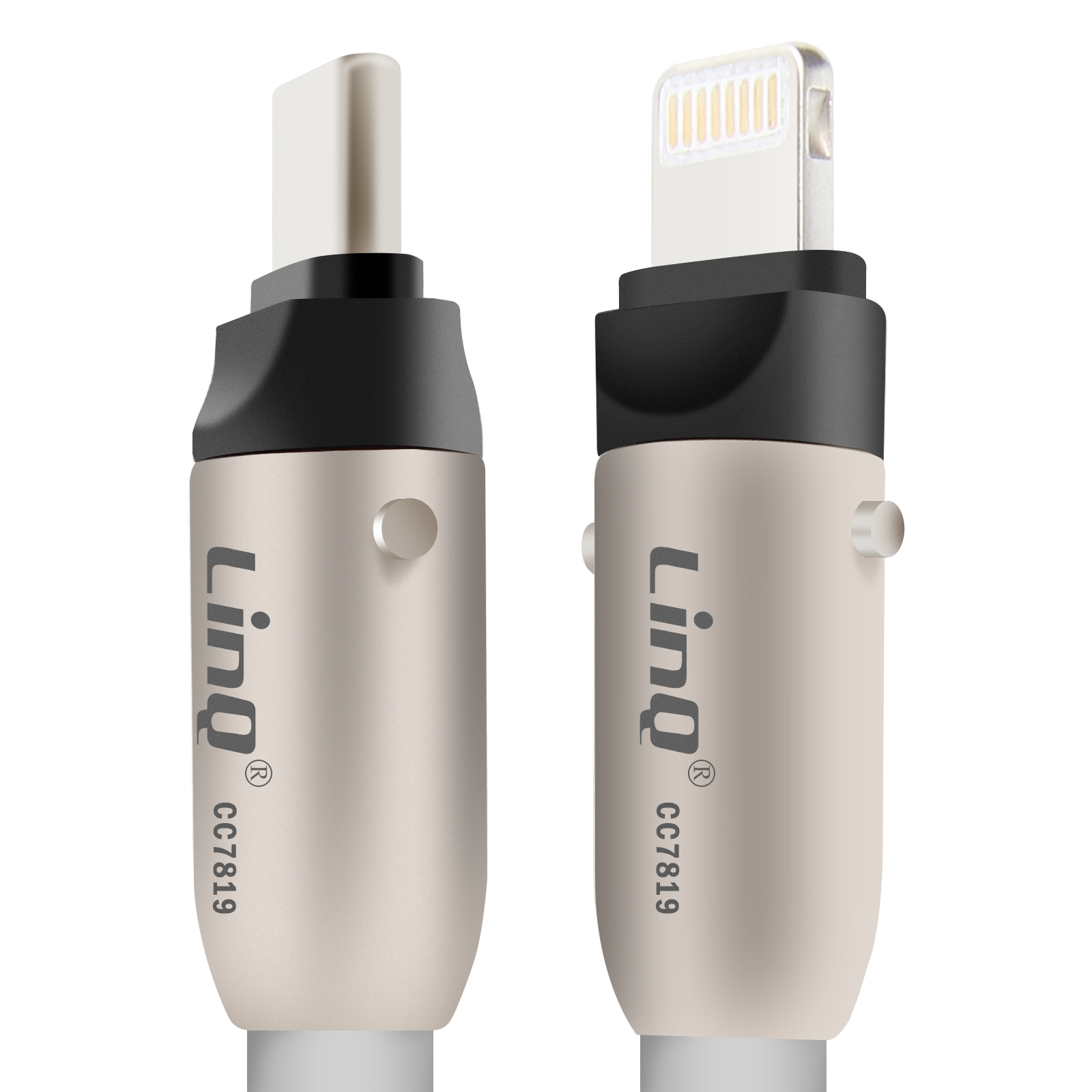 Zwei LinQ-Adapter, einer mit Lightning-Anschluss, nebeneinander, auf weißem Hintergrund.