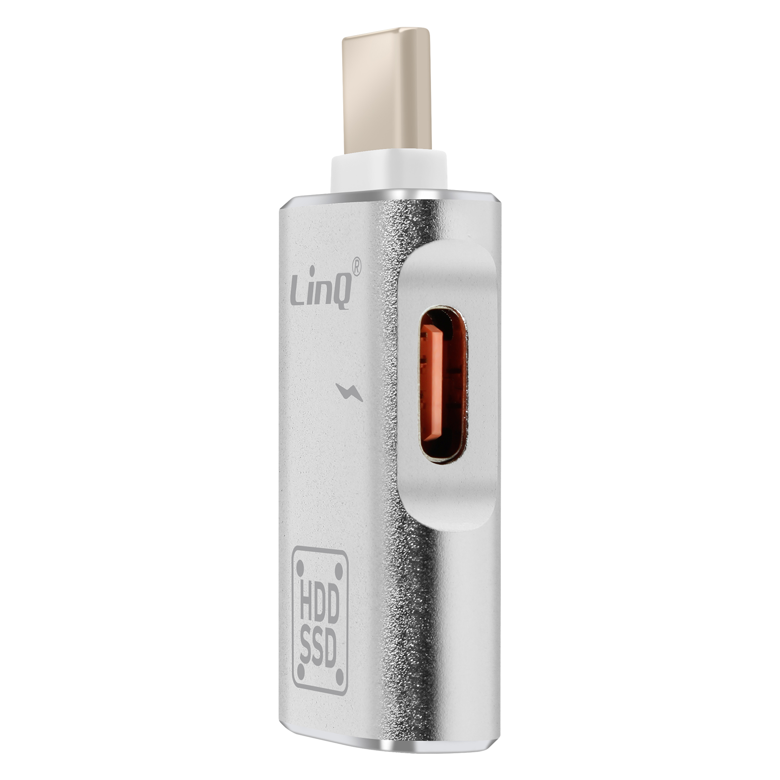 Adattatore LinQ argento con porta USB-C e dettaglio rosso. Etichetta HDD SSD visibile.