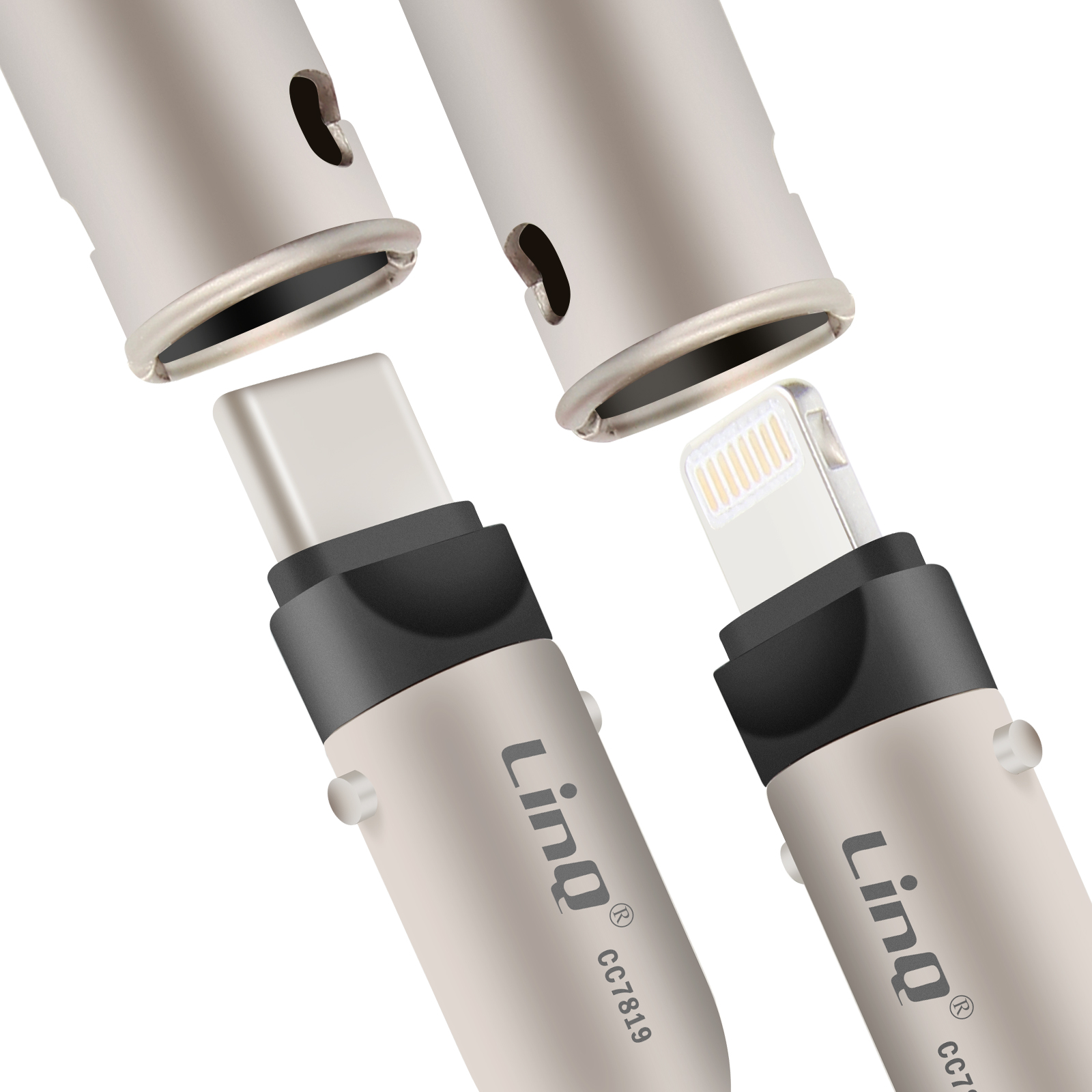 Zwei LinQ-Adapter, einer mit USB-C und einer mit Lightning-Anschluss.