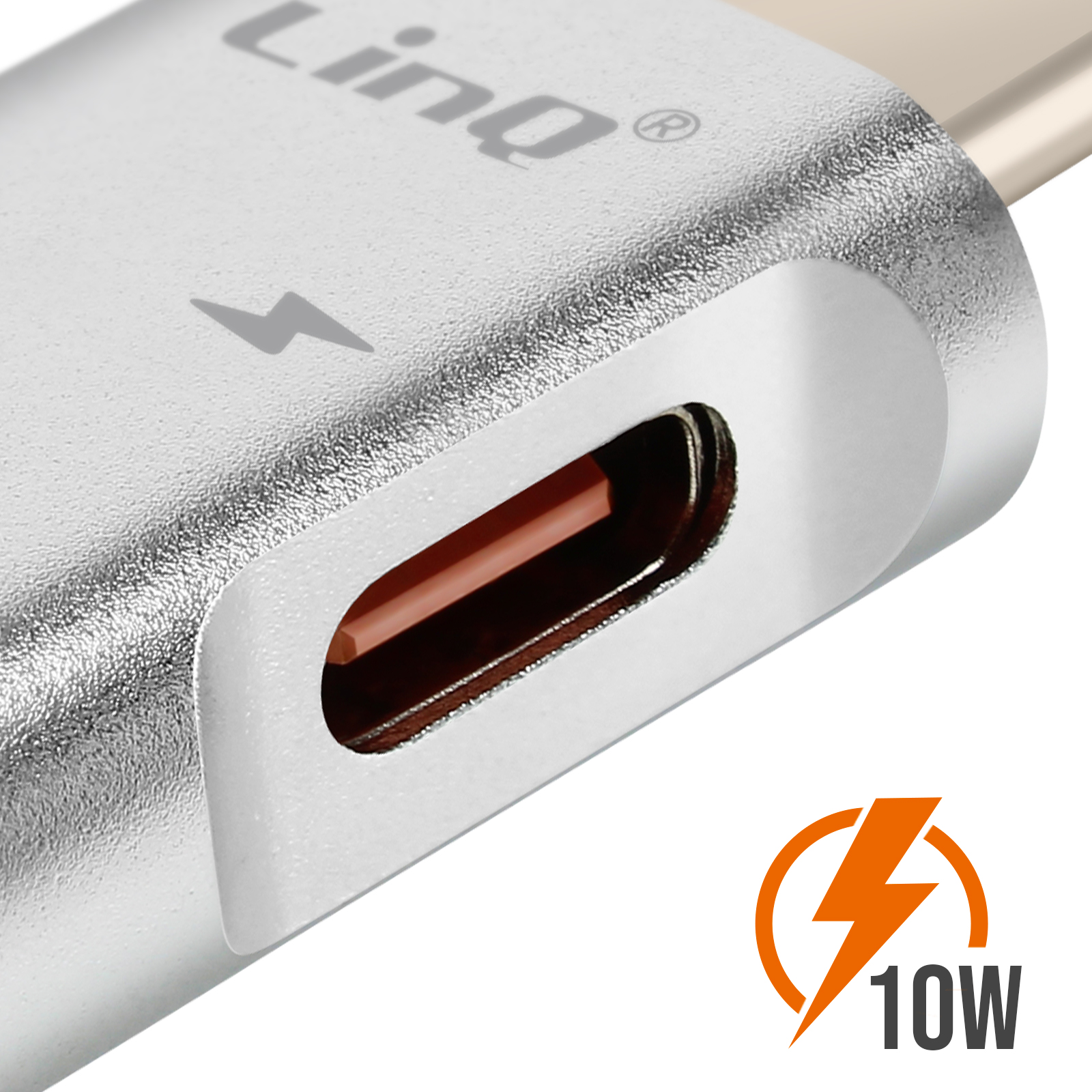Adattatore argentato con icona fulmine e testo 10W.