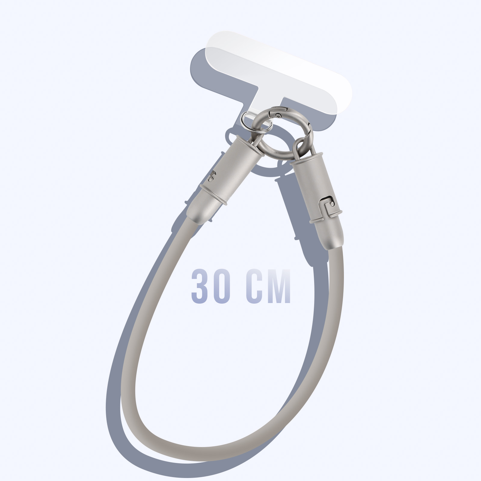 Zwei LinQ-Adapter, einer mit Lightning-Anschluss, auf hellblauem Untergrund, 30 cm.