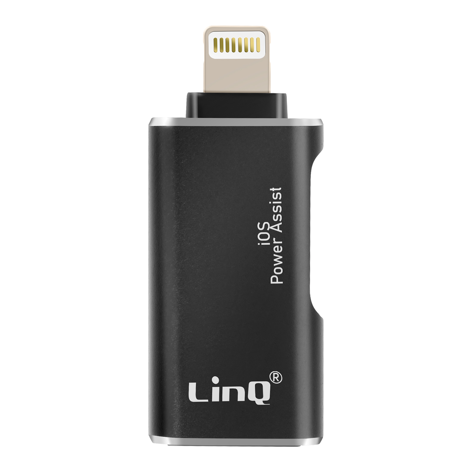Schwarzer Adapter mit Lightning-Anschluss oben. Der Markenname "LinQ" ist sichtbar. Text "iOS Power Assist".