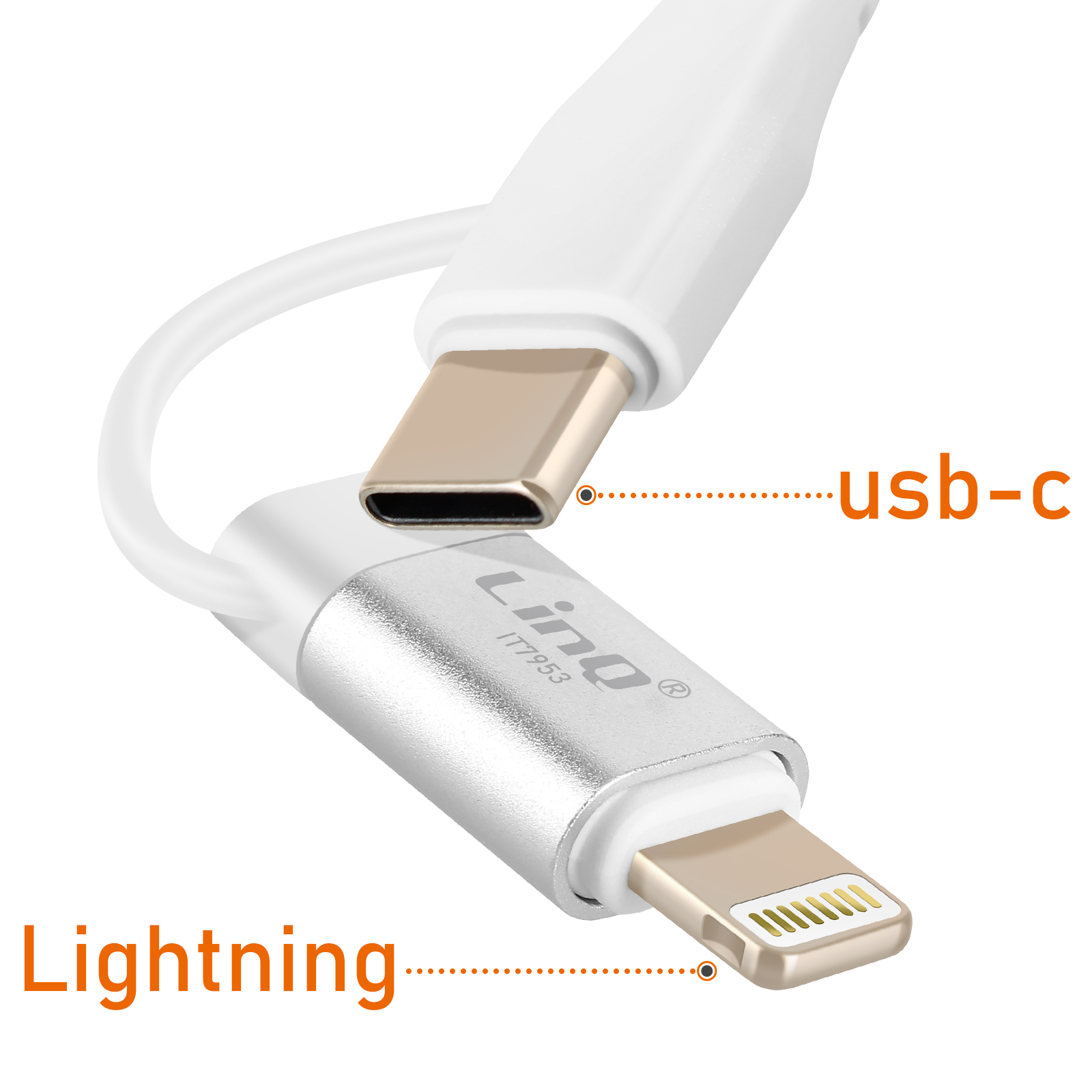Ein weißes Ladekabel mit einem USB-C- und einem Lightning-Anschluss. Der Text 'Lightning' und 'usb-c' sind beschriftet.