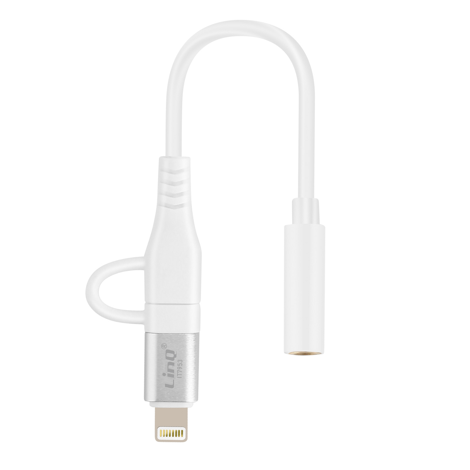 Weißes Ladekabel mit Lightning-Anschluss und Kopfhöreranschluss.