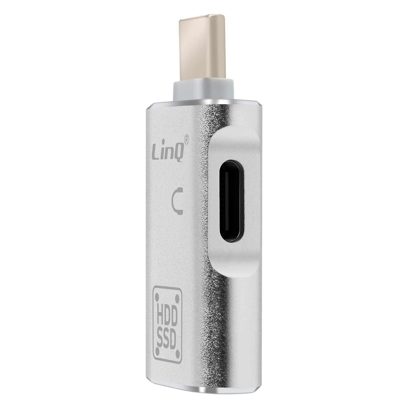 Adattatore USB-C argentato con etichette 'LinQ' e 'HDD SSD'.