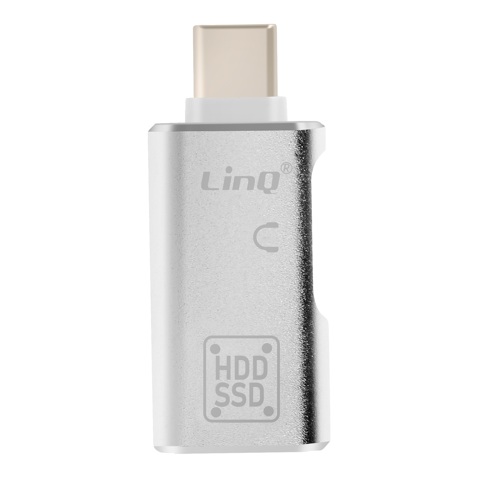 Adattatore argentato con connettore USB-C, il marchio "LinQ" e il testo "HDD SSD" su di esso.