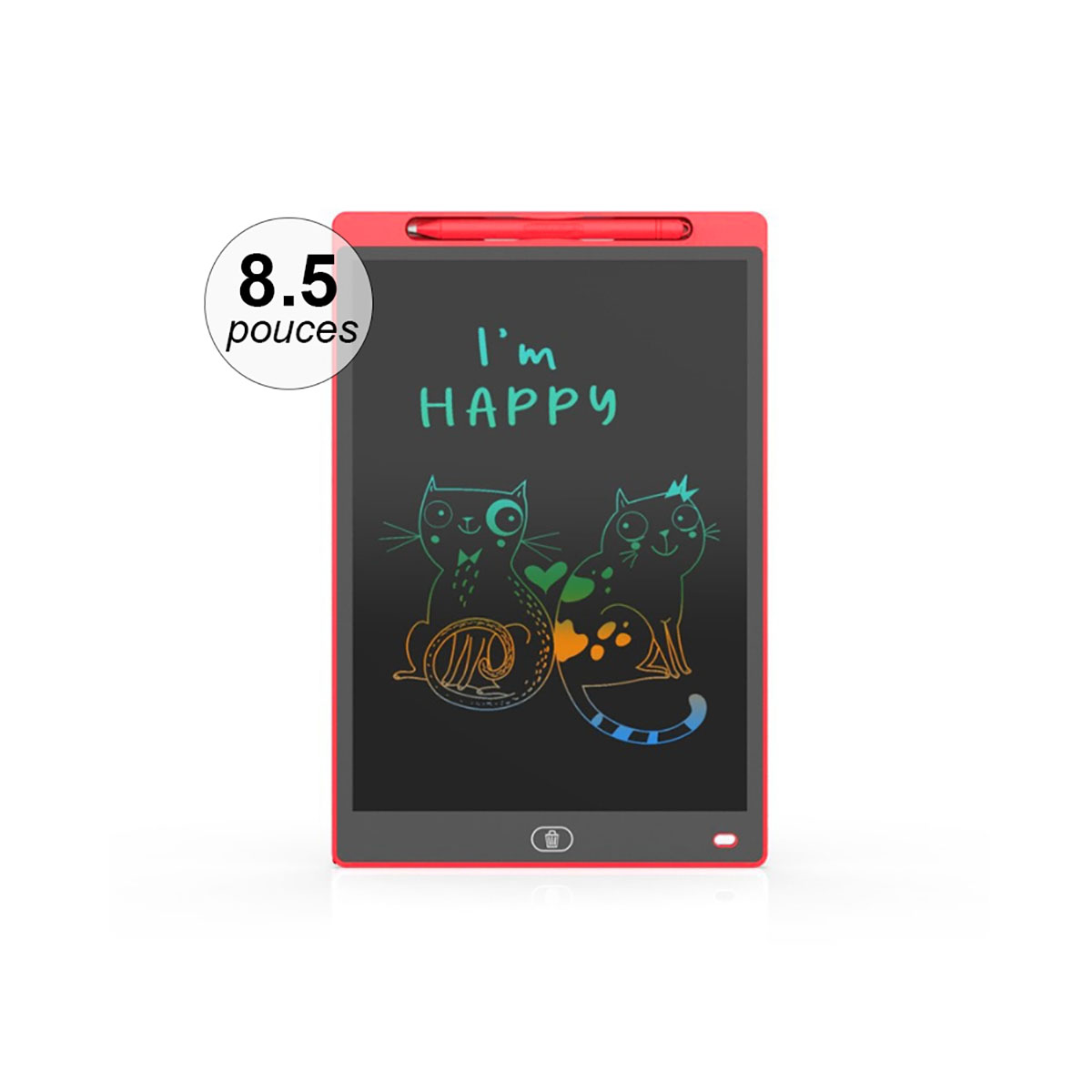 Tablet rosso con disegno di gatti, testo 'I'm Happy' e dimensione 8.5 pouces.
