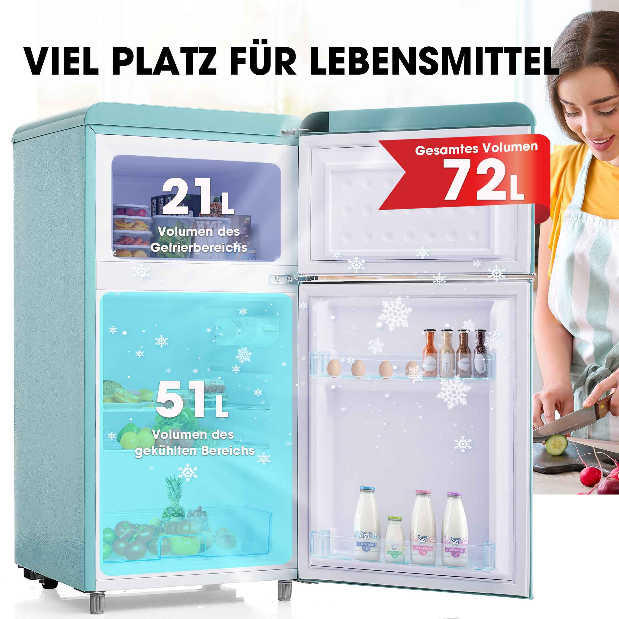Offener türkisfarbener Retro-Kühlschrank mit Lebensmitteln, Texten und Volumenangaben.