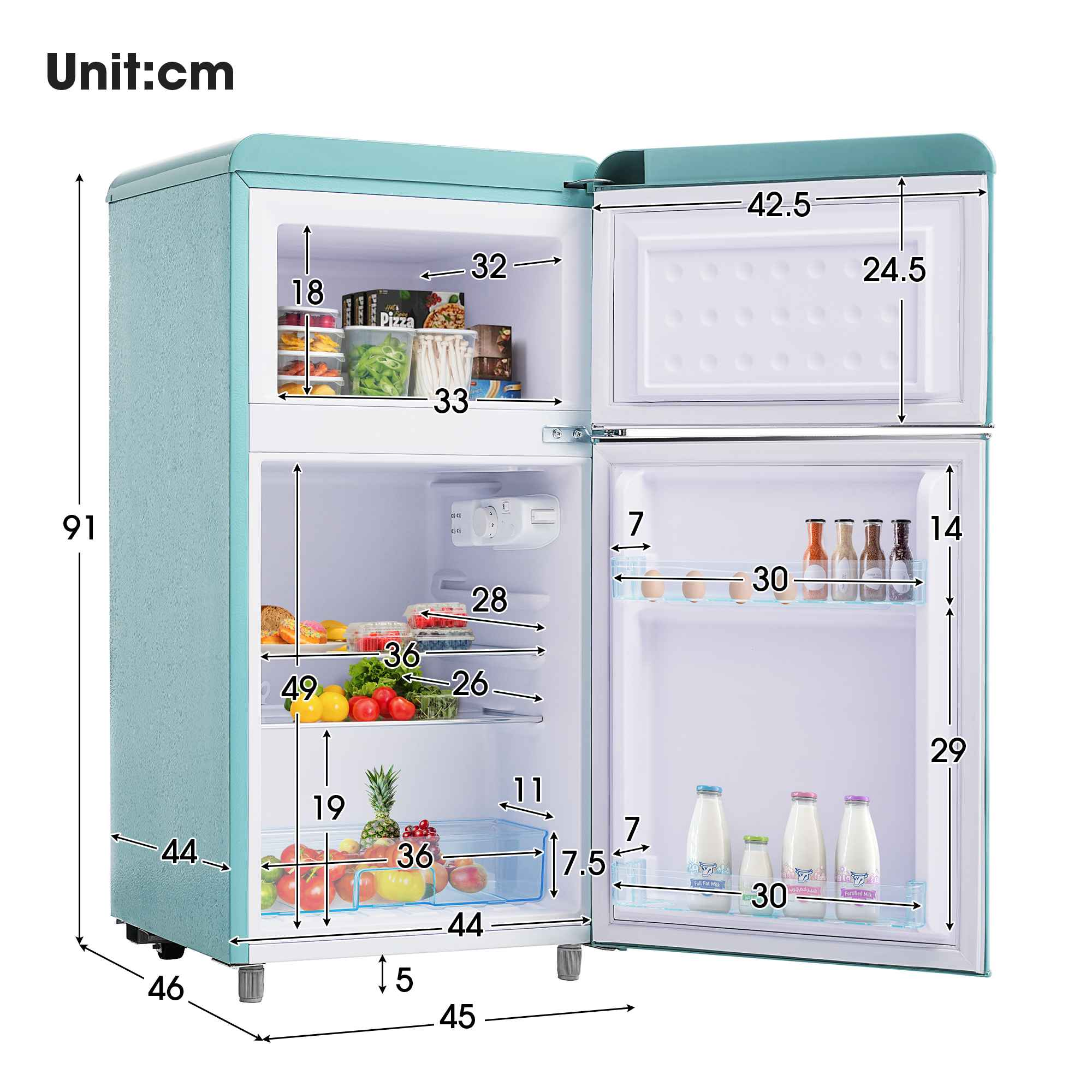 Offener türkisfarbener Retro-Kühlschrank mit Abmessungen in cm, Innenorganisation.