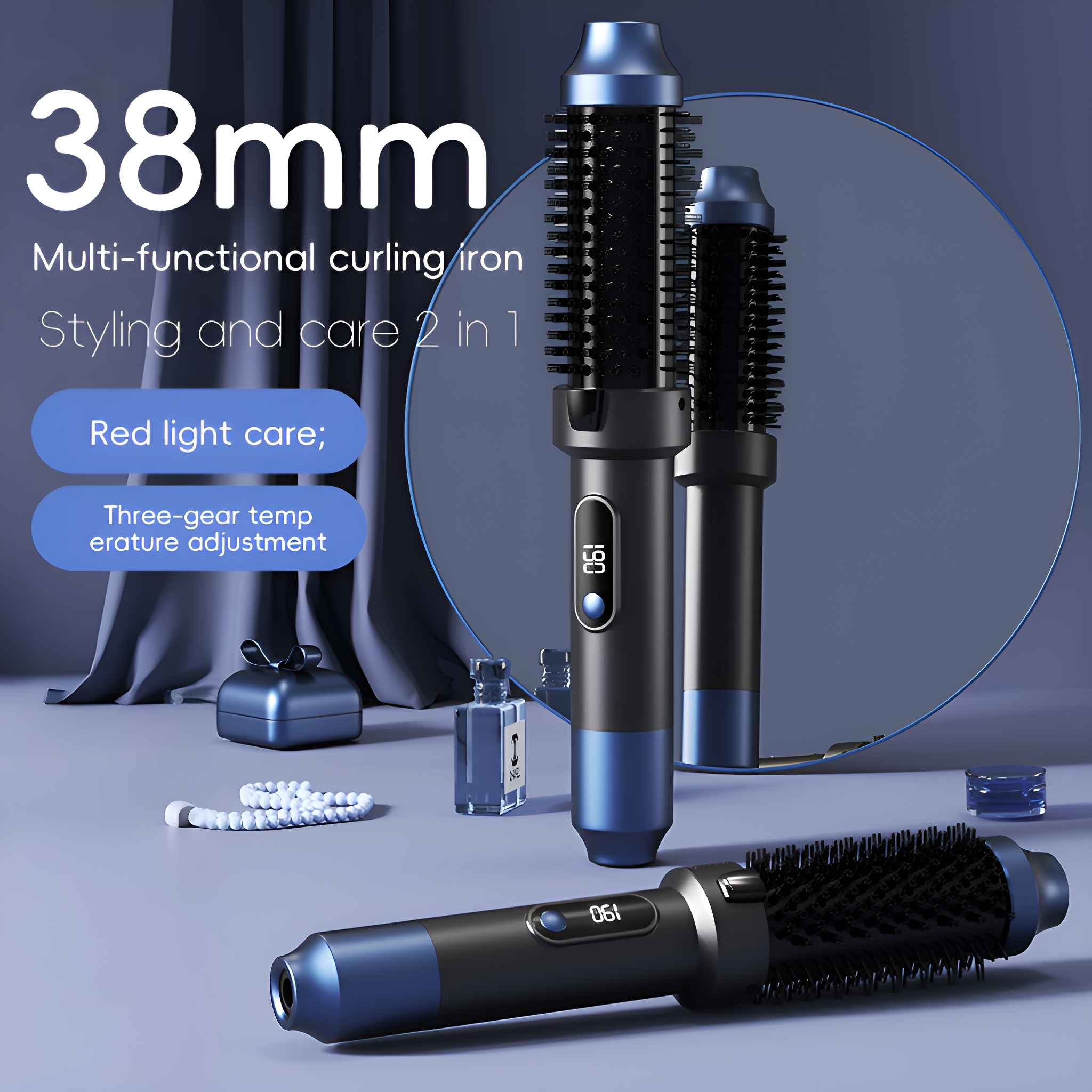 Ein 38mm multifunktionaler Lockenstab mit Styling- und Pflegefunktionen. Mehrere Einheiten mit Textüberlagerung.