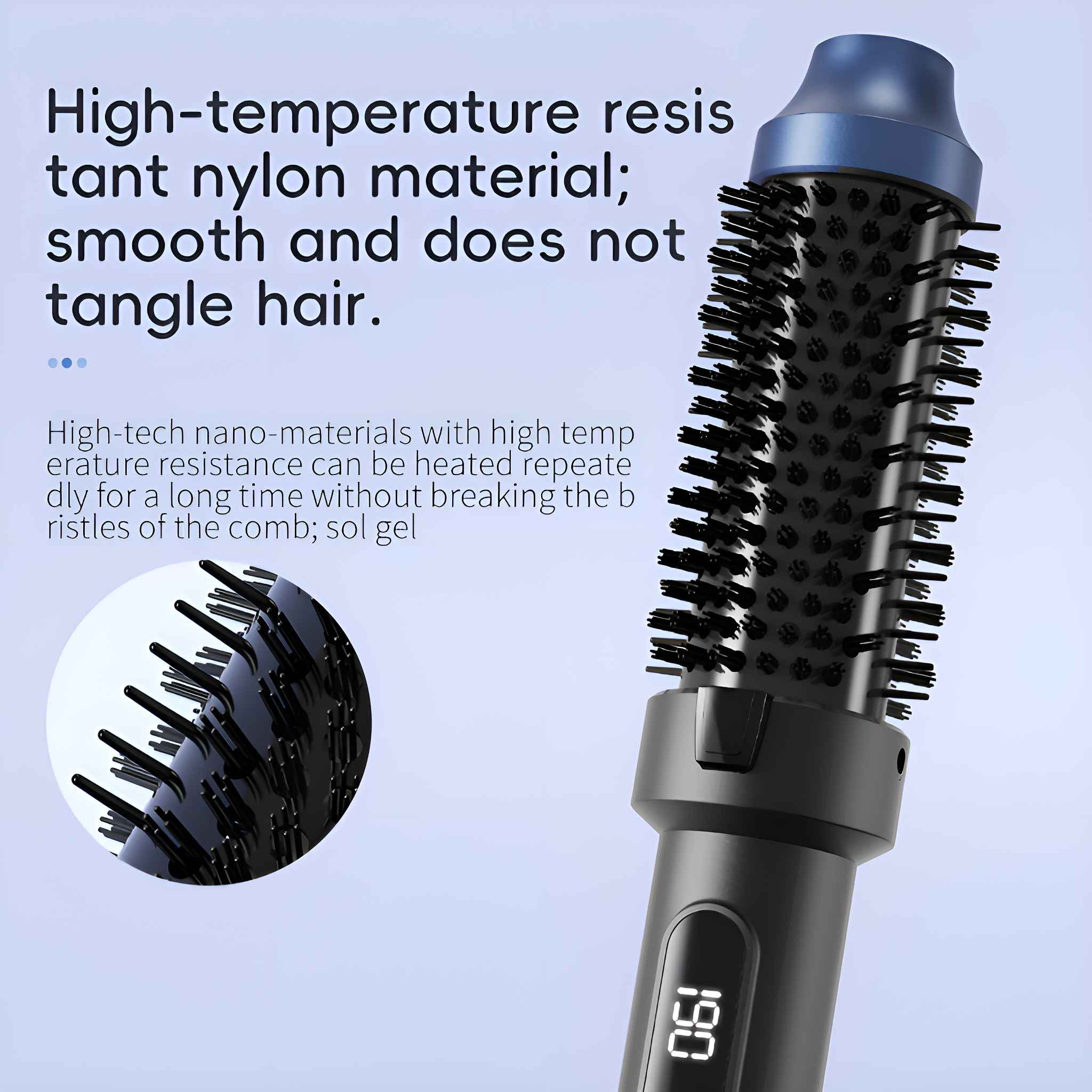 Schwarze Lockenbürste mit Digitalanzeige und blauem Ende. Text: Hochtemperaturbeständiges Nylon.
