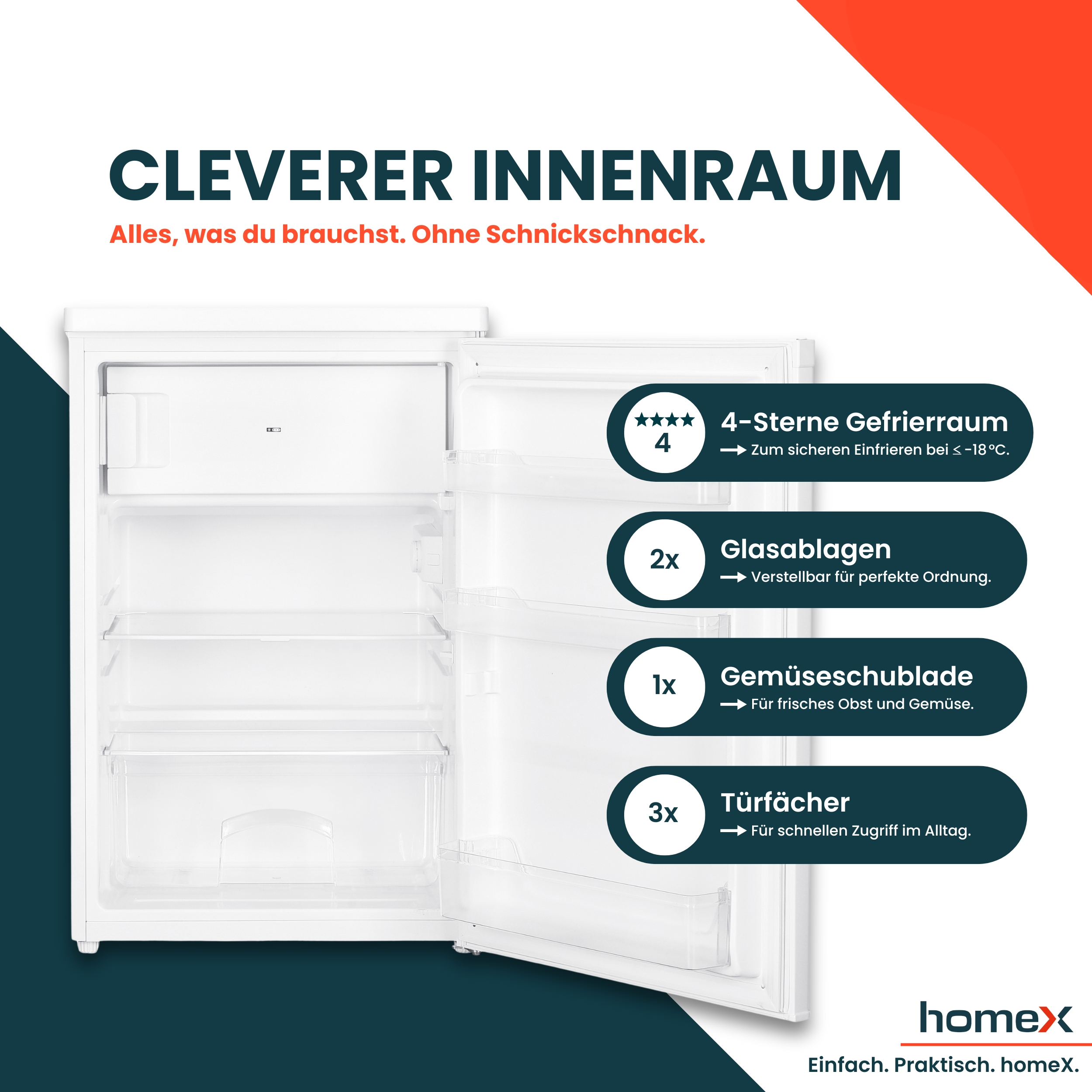 Offener weißer Kühlschrank mit Regalen, Schubladen und Textbeschriftungen, die auf Funktionen verweisen, mit dem homex-Logo.