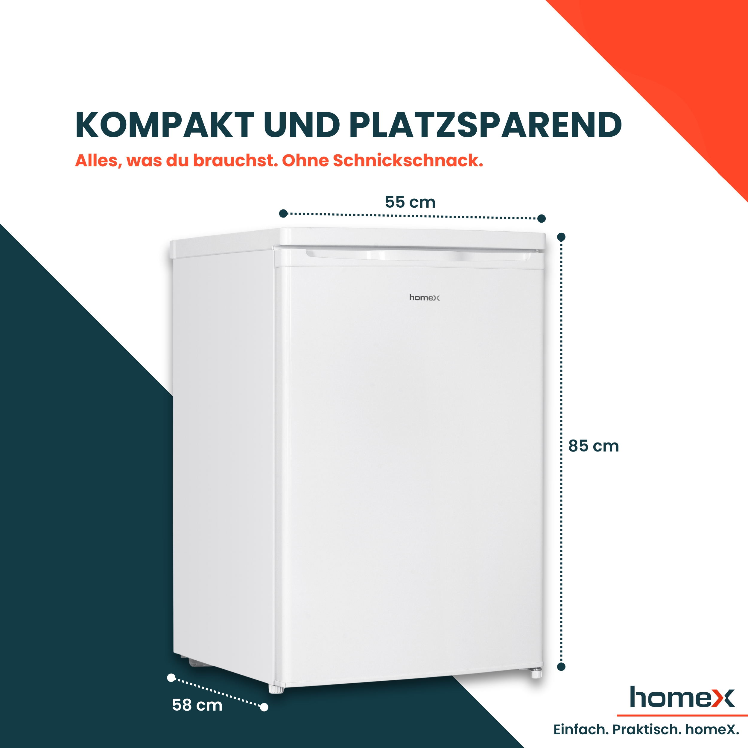 Weißer Kühlschrank mit angezeigten Maßen. Das homex-Logo befindet sich in der unteren rechten Ecke.