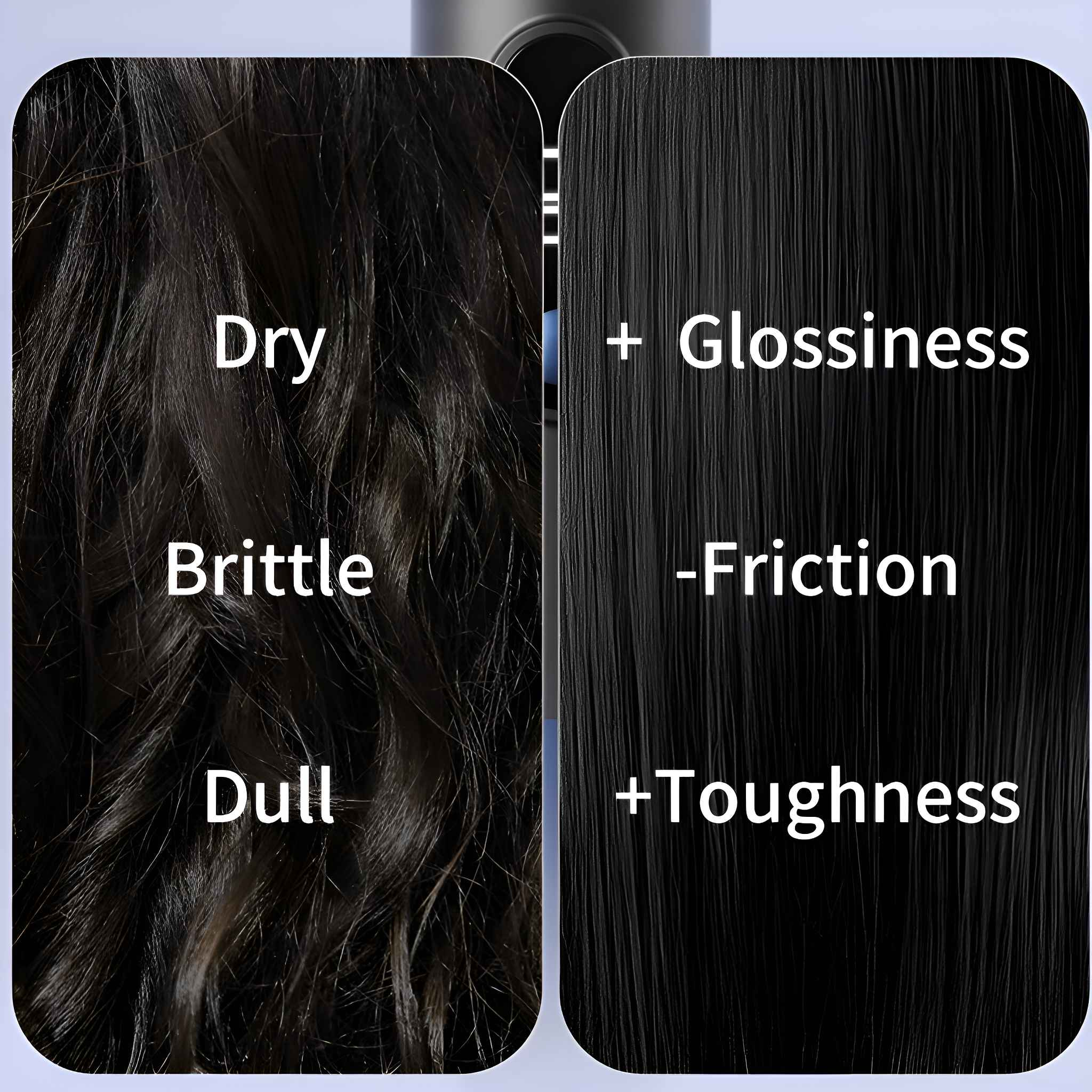 Vergleich von geschädigtem Haar (trocken, brüchig, stumpf) mit gesundem Haar (+Glanz, -Reibung, +Festigkeit).
