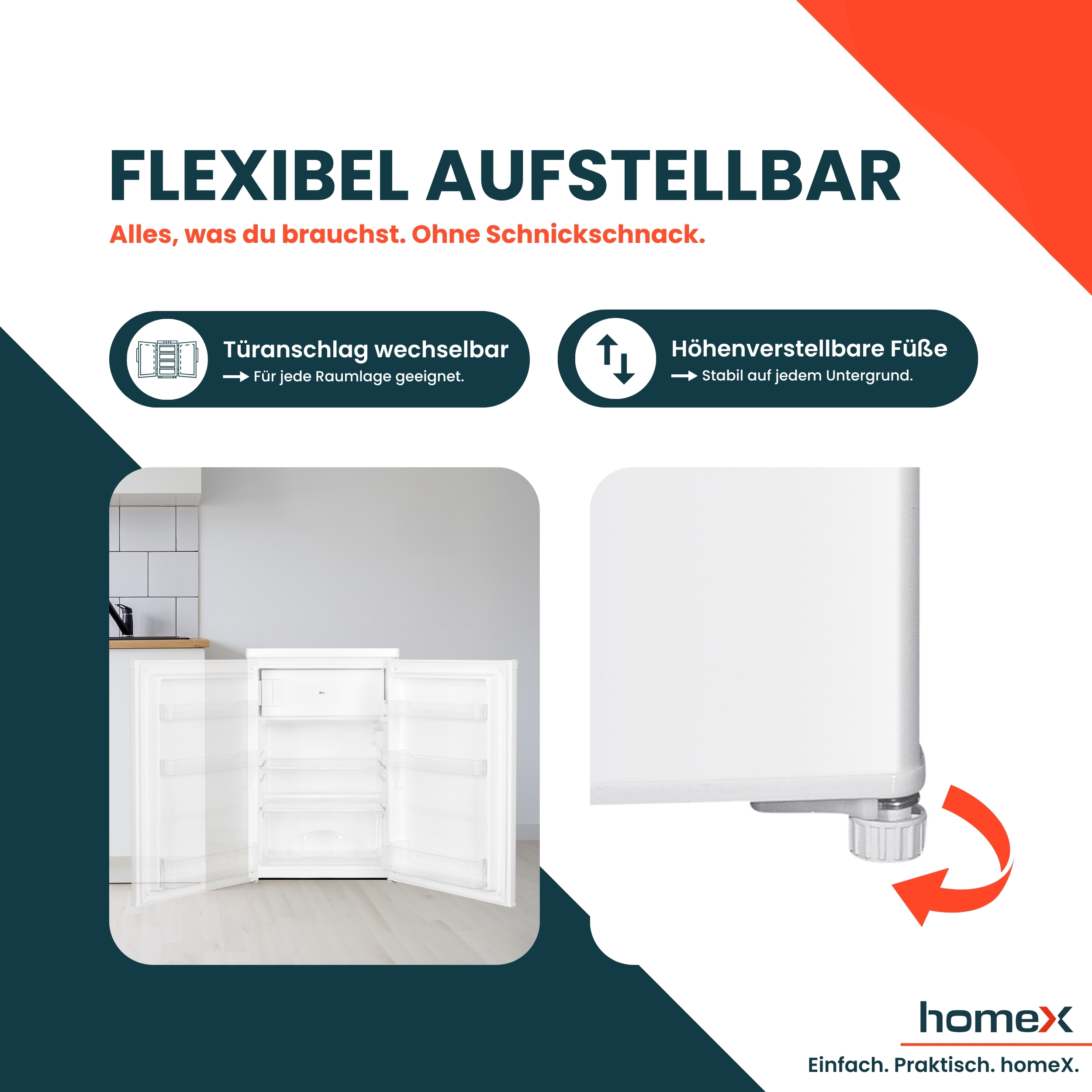 Kühlschrank mit offenen Türen und verstellbaren Füßen rechts, mit Text über Funktionen.