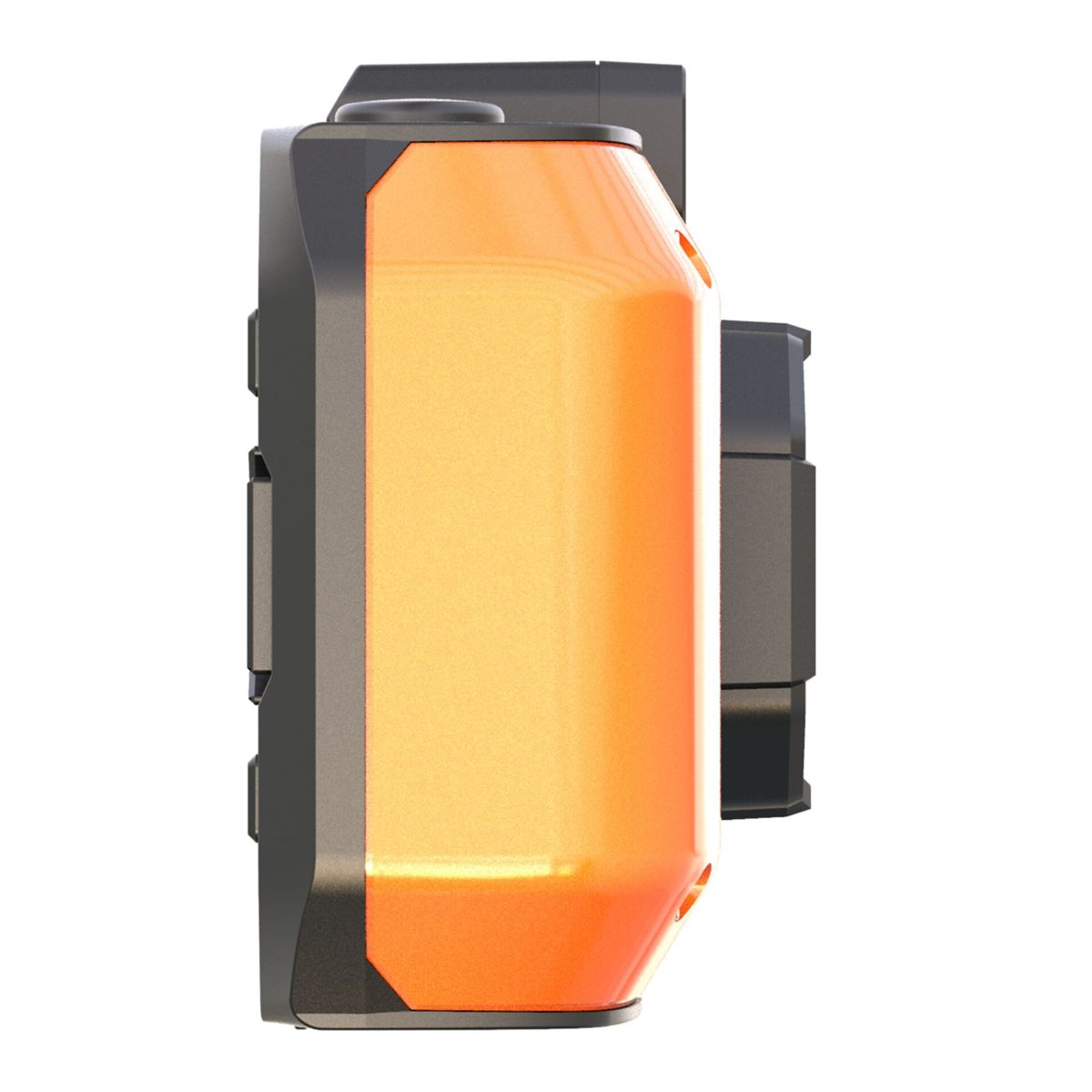 Pomarańczowa kamera, widok z boku. Ma czarną część i obiektyw.