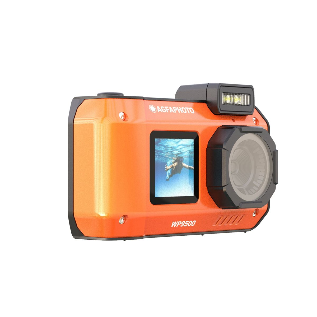 Pomarańczowa wodoodporna kamera z ekranem wyświetlającym podwodną scenę.