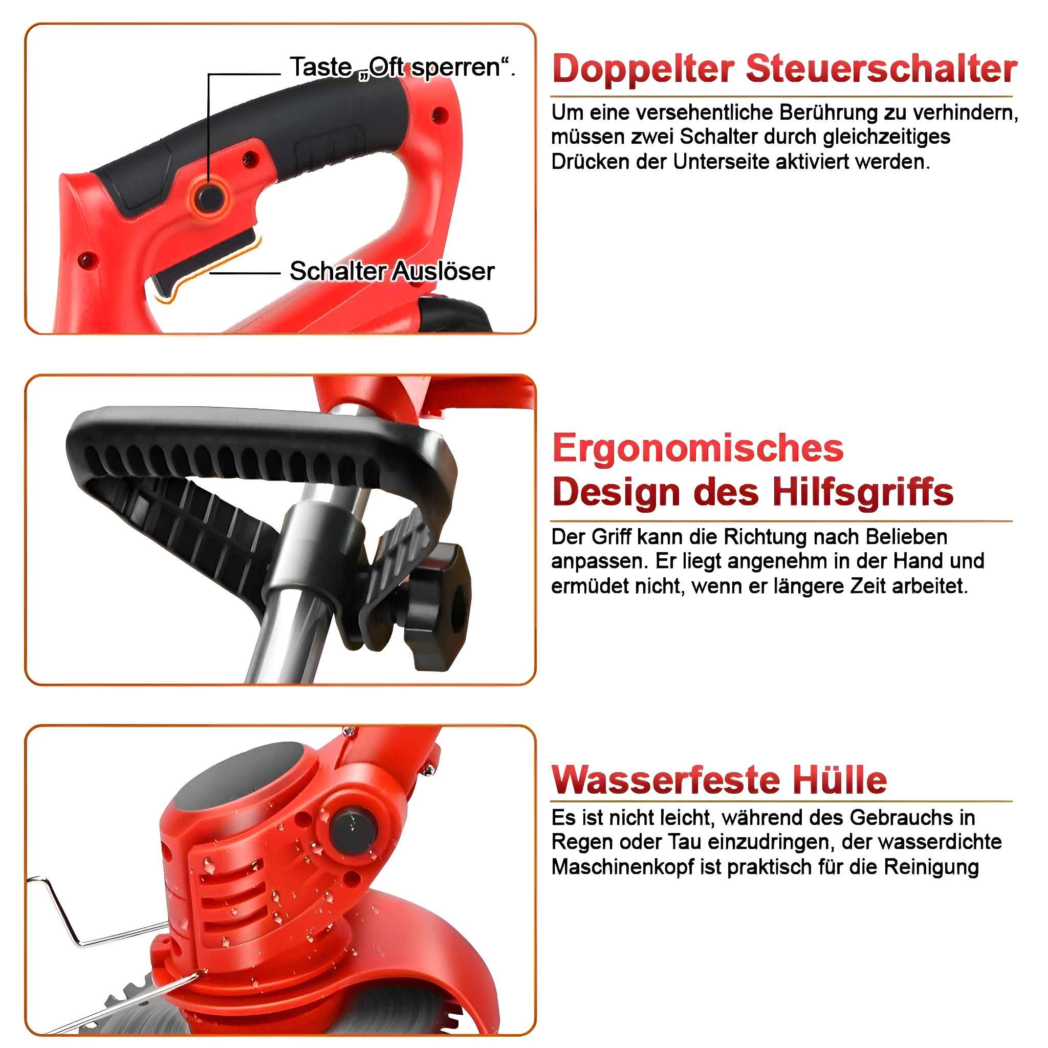Details eines roten Rasenkantenschneiders mit Text, der die Funktionen beschreibt: Schalter, Griff und wasserdichte Abdeckung.