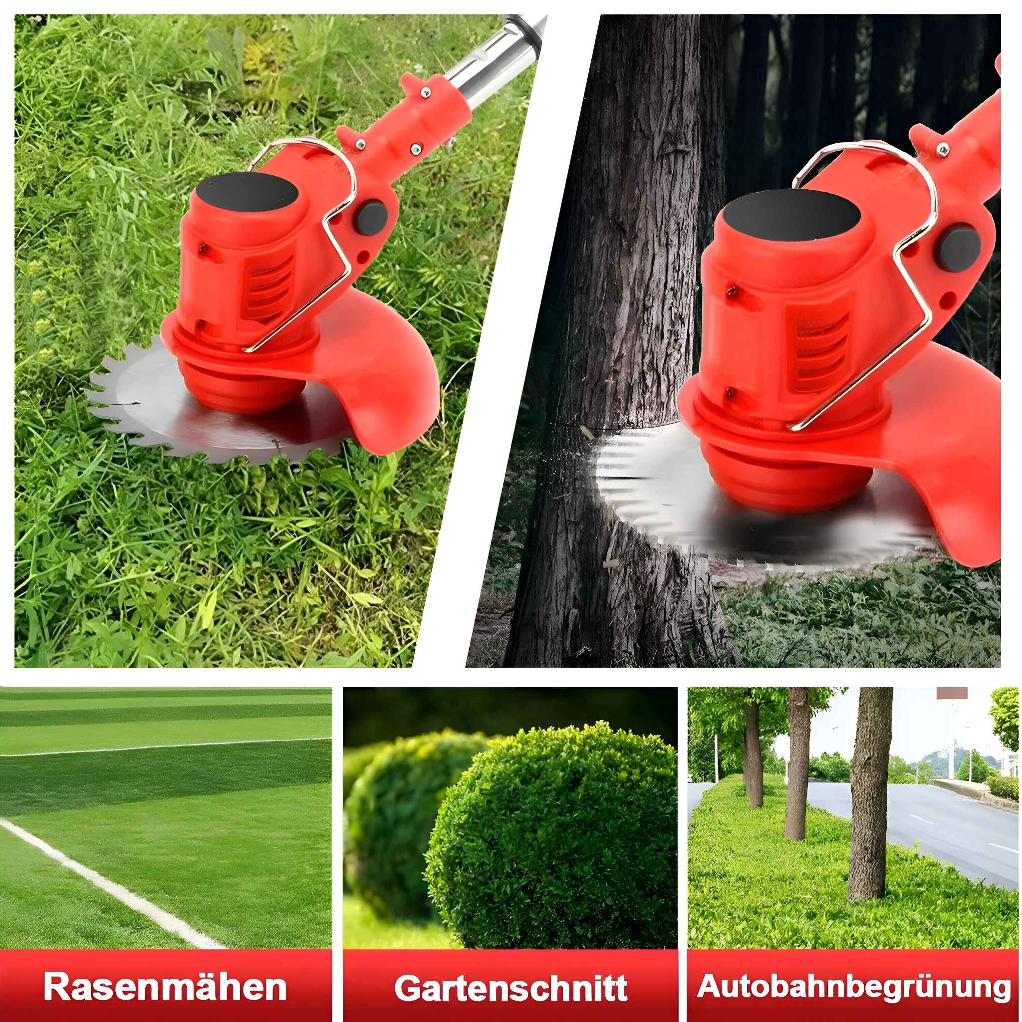 Roter und schwarzer Rasenkantenschneider im Einsatz, beim Schneiden von Gras, Trimmen von Büschen und entlang einer Straße mit Bäumen.