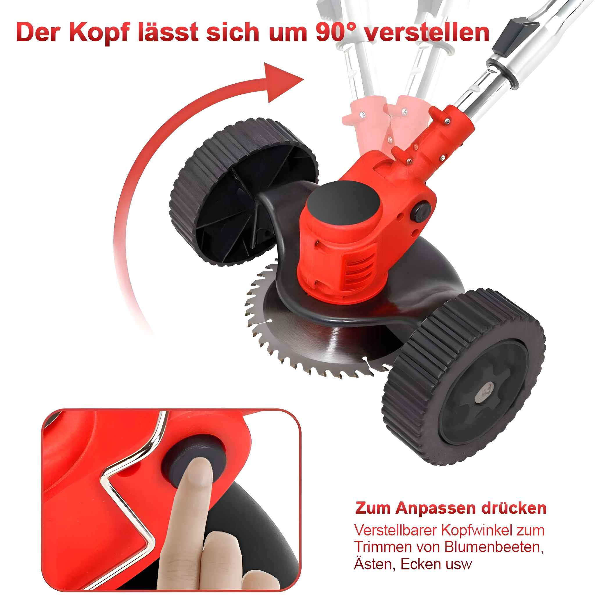 Roter und schwarzer Rasenkantenschneider mit Rädern, Klinge und Text, der anzeigt, dass sich der Kopf um 90 Grad dreht.