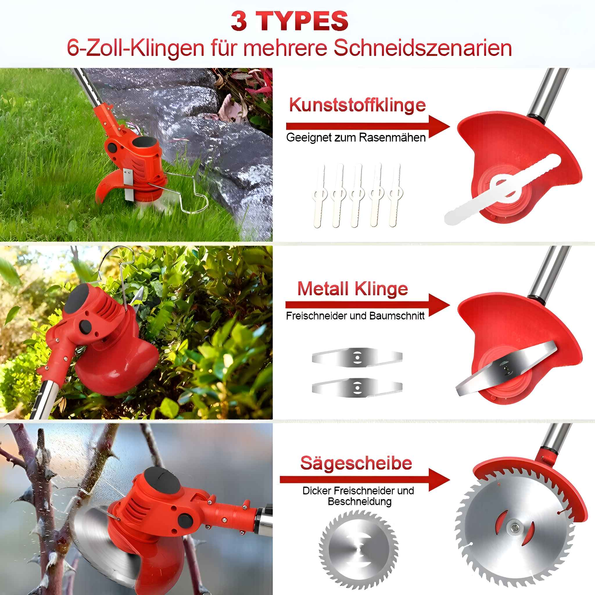 Ein roter Rasenkantenschneider mit 3 Klingentypen: Kunststoff, Metall und Sägeblatt, im Bild gezeigt.