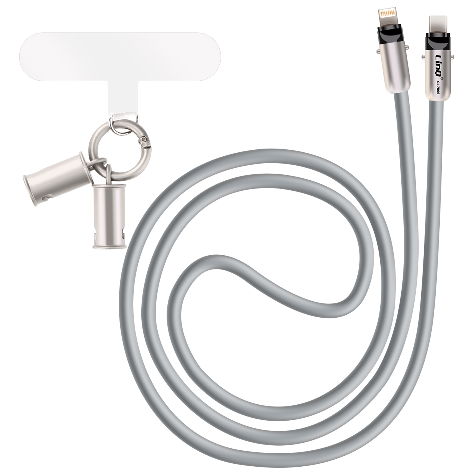 Graues Ladekabel mit Lightning- und USB-C-Anschlüssen und eine weiße Telefonhalterung.