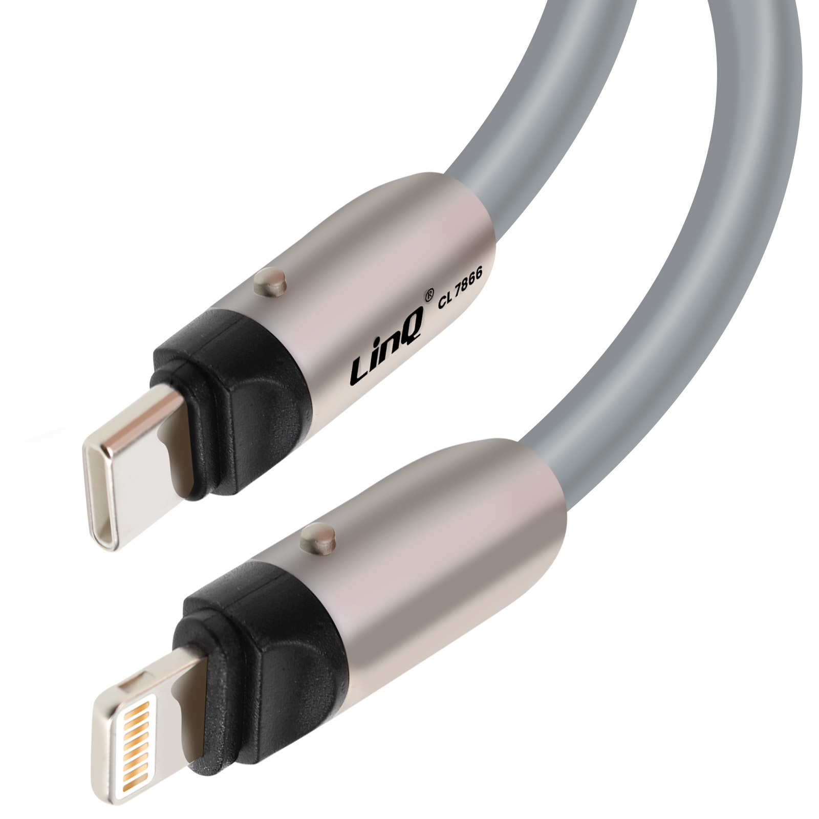 Ein silbernes und graues Ladekabel mit Lightning- und USB-C-Anschlüssen. Das Kabel hat den Markennamen 'LiNQ'.