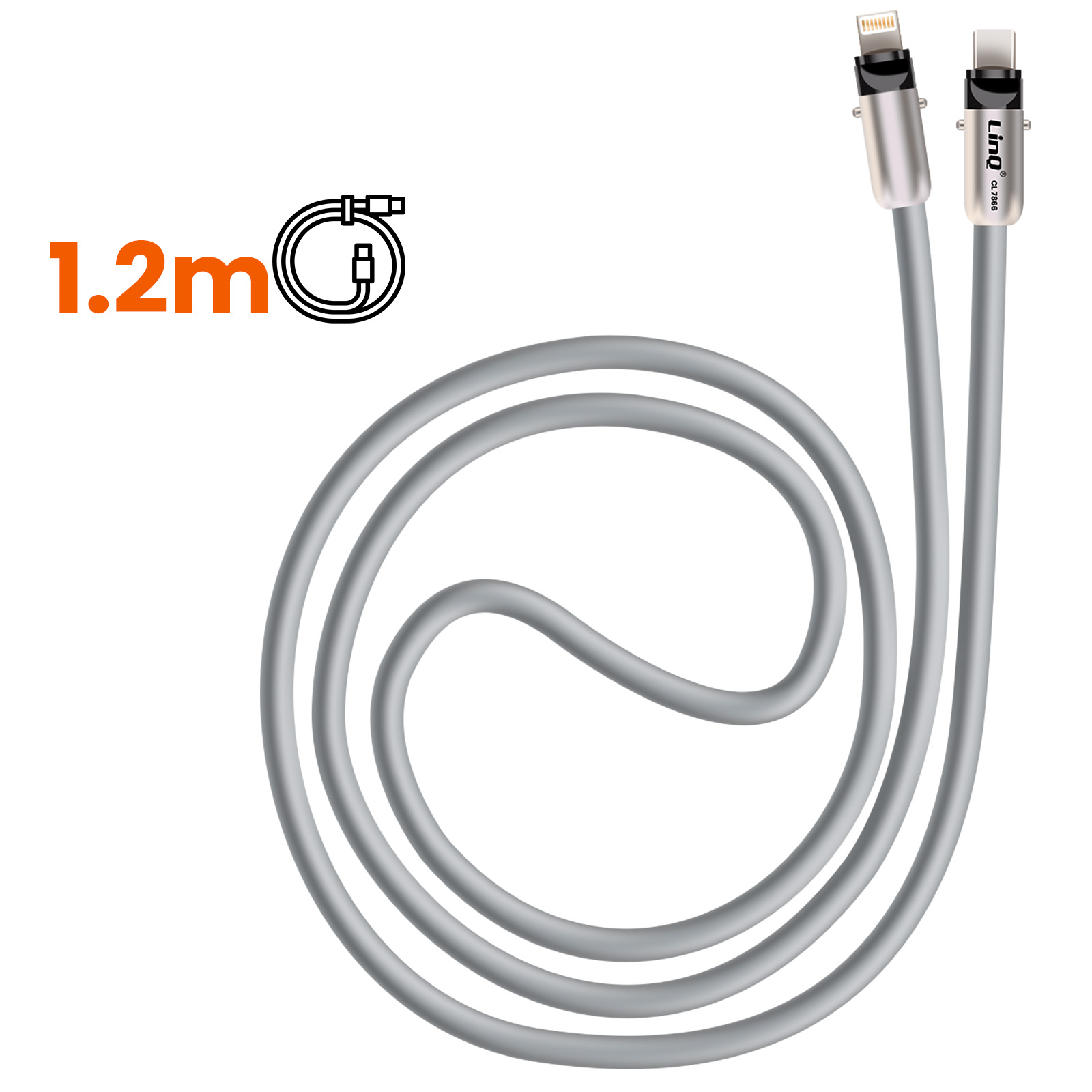 Graues Ladekabel mit Lightning- und USB-C-Anschlüssen. Das Kabel ist 1,2 Meter lang.