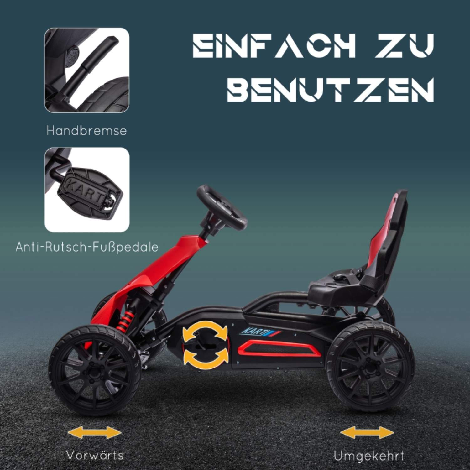 Ein rotes und schwarzes Gokart mit Nahaufnahmen der Handbremse und der Anti-Rutsch-Pedale.