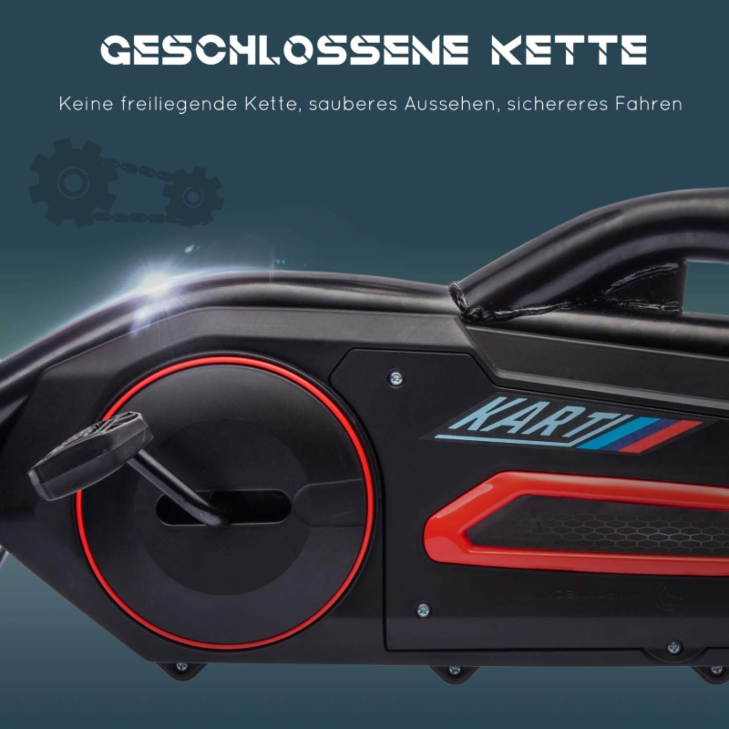 Ein schwarzes Gokart-Teil mit dem Text 'Karti'. Der Text 'Geschlossene Kette' steht darüber. Roter Kreis.