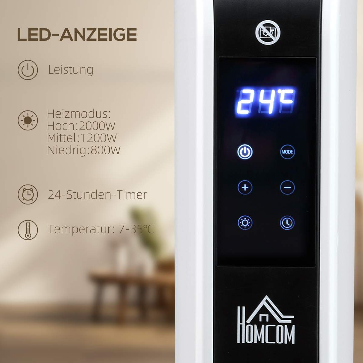 Nahaufnahme des Bedienfelds eines weißen Heizgeräts. Es hat eine digitale Anzeige und Tasten für Einstellungen.