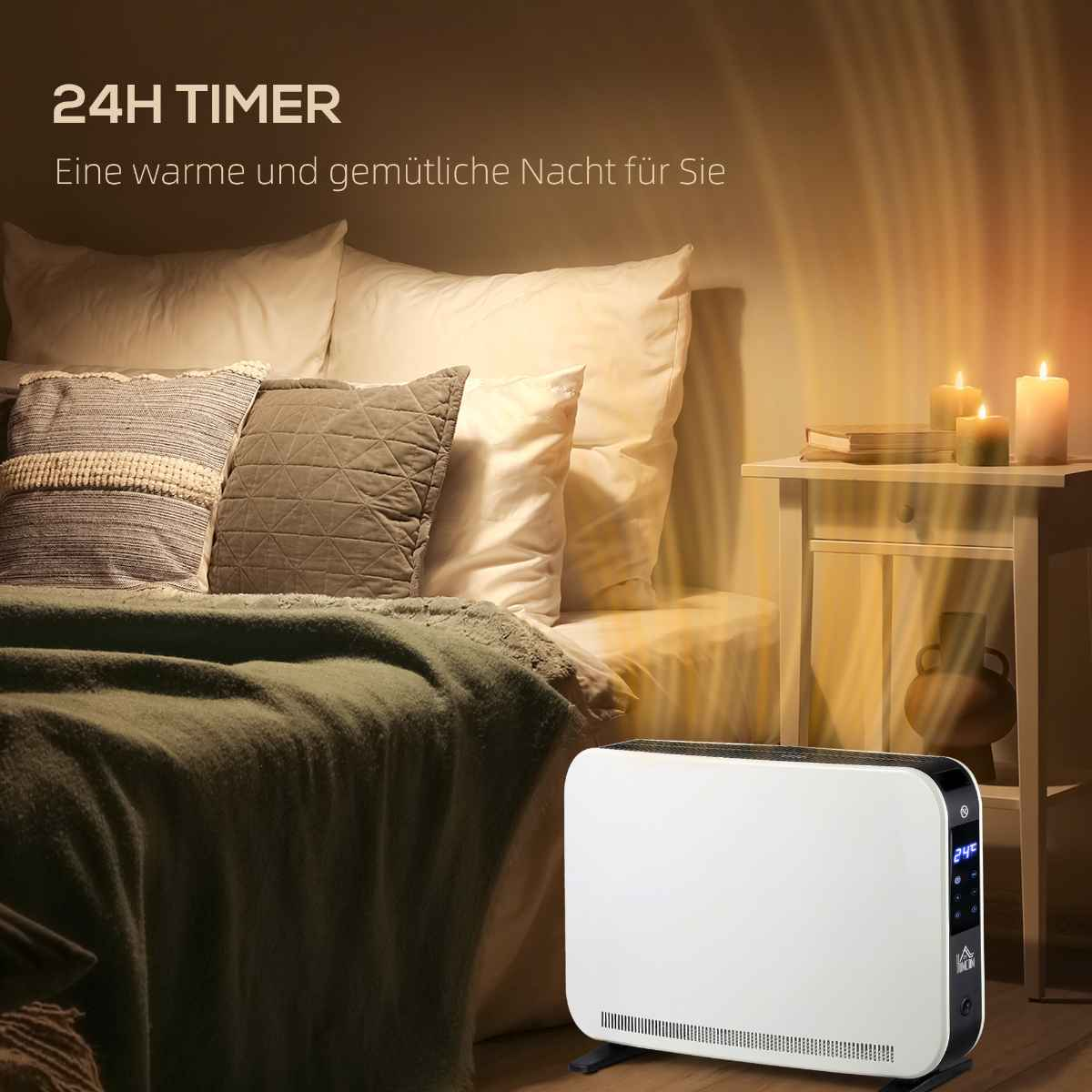 Schlafzimmer mit Heizung, Bett, Beistelltisch und Kerzen. Die Heizung ist weiß.