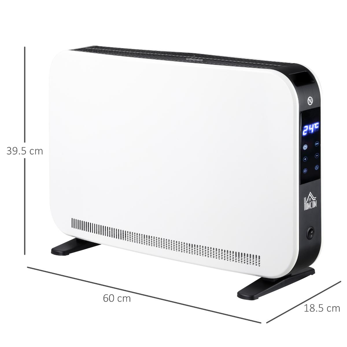 Ein weißes Heizgerät mit schwarzer Oberseite und digitaler Anzeige. Es hat die Abmessungen: 60x18,5x39,5 cm.