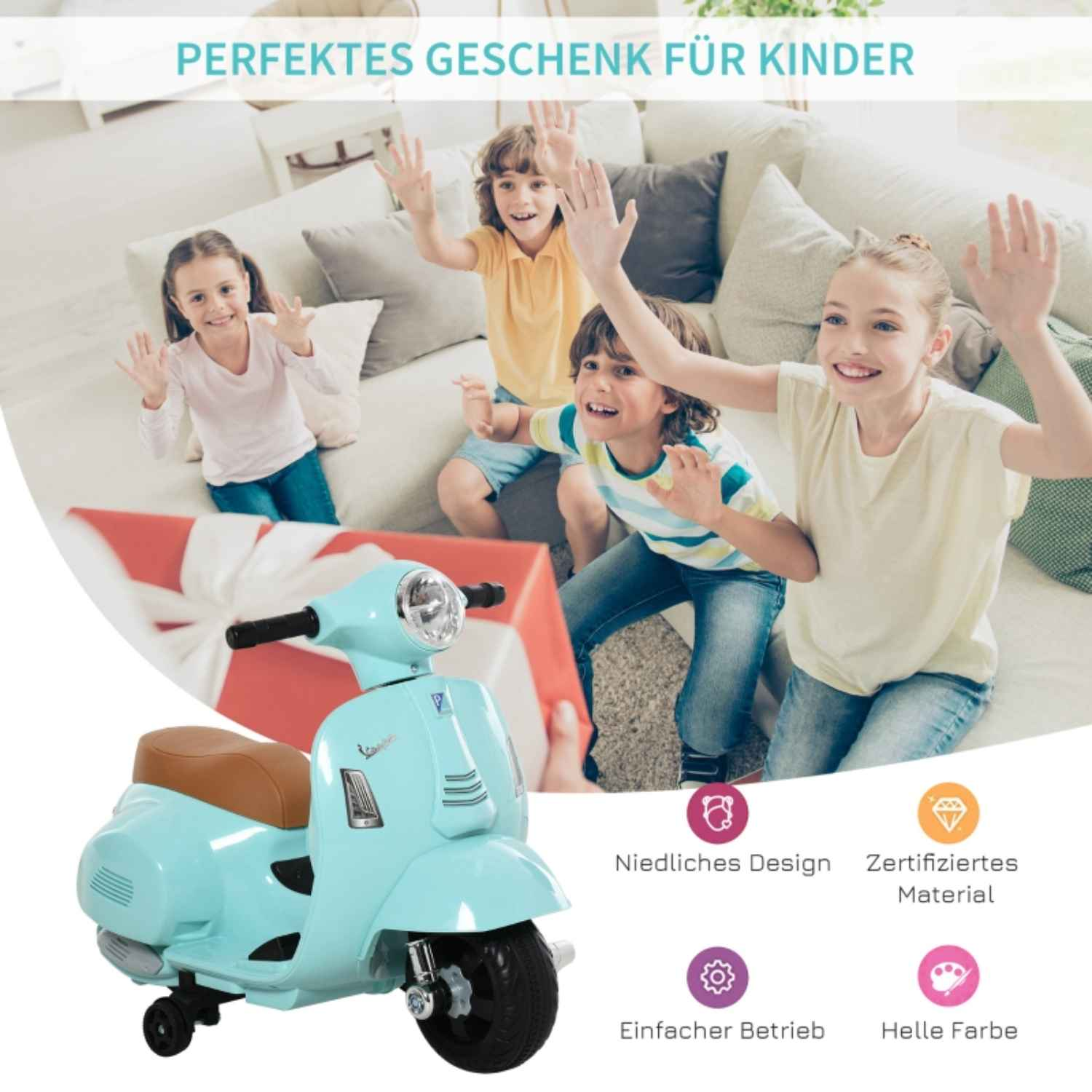 Ein blaues Spielzeug-Motorroller, mit Kindern im Hintergrund und Text auf Deutsch.