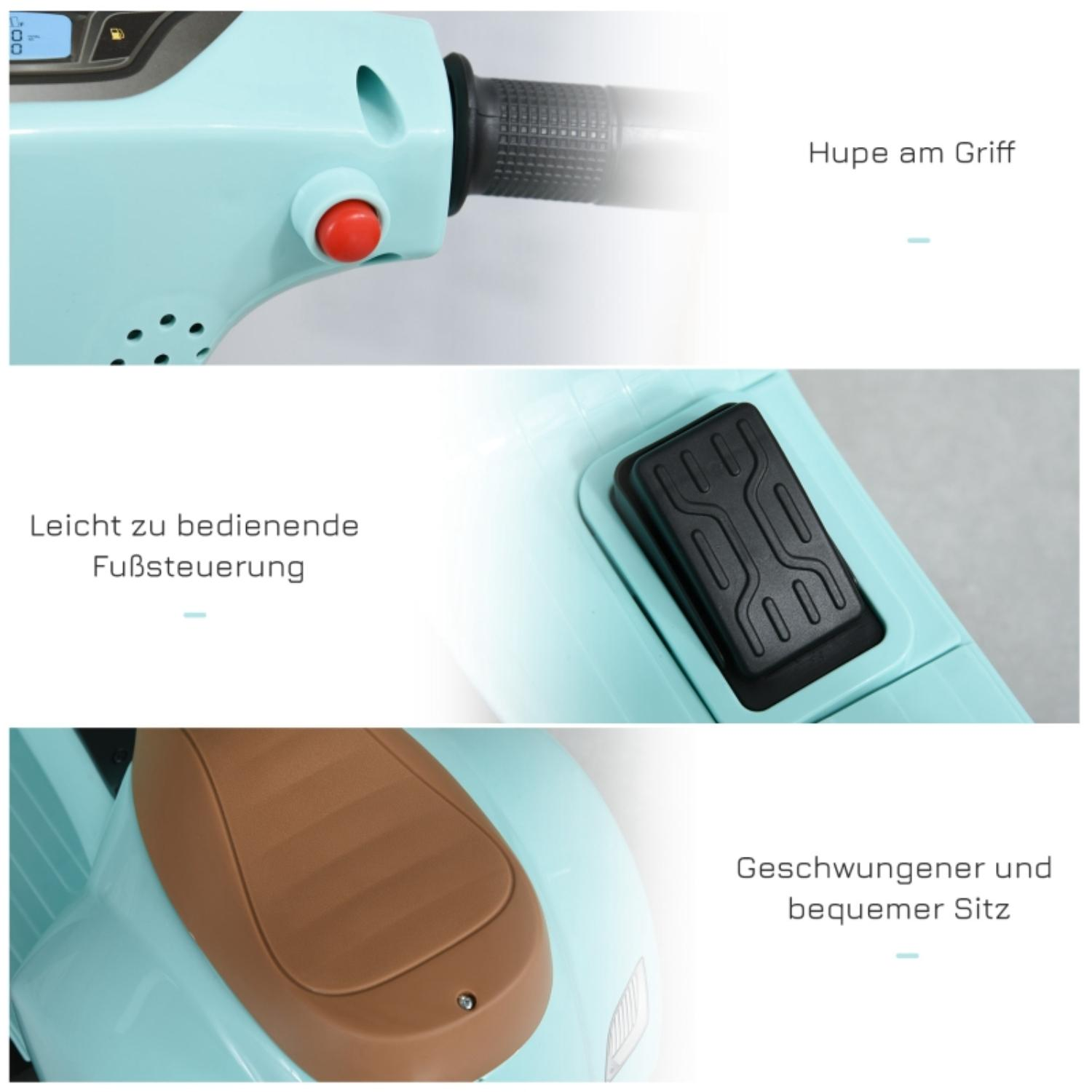 Nahaufnahme eines hellblauen Rollers. Details umfassen die Hupe, die Fußsteuerung und den braunen Sitz.