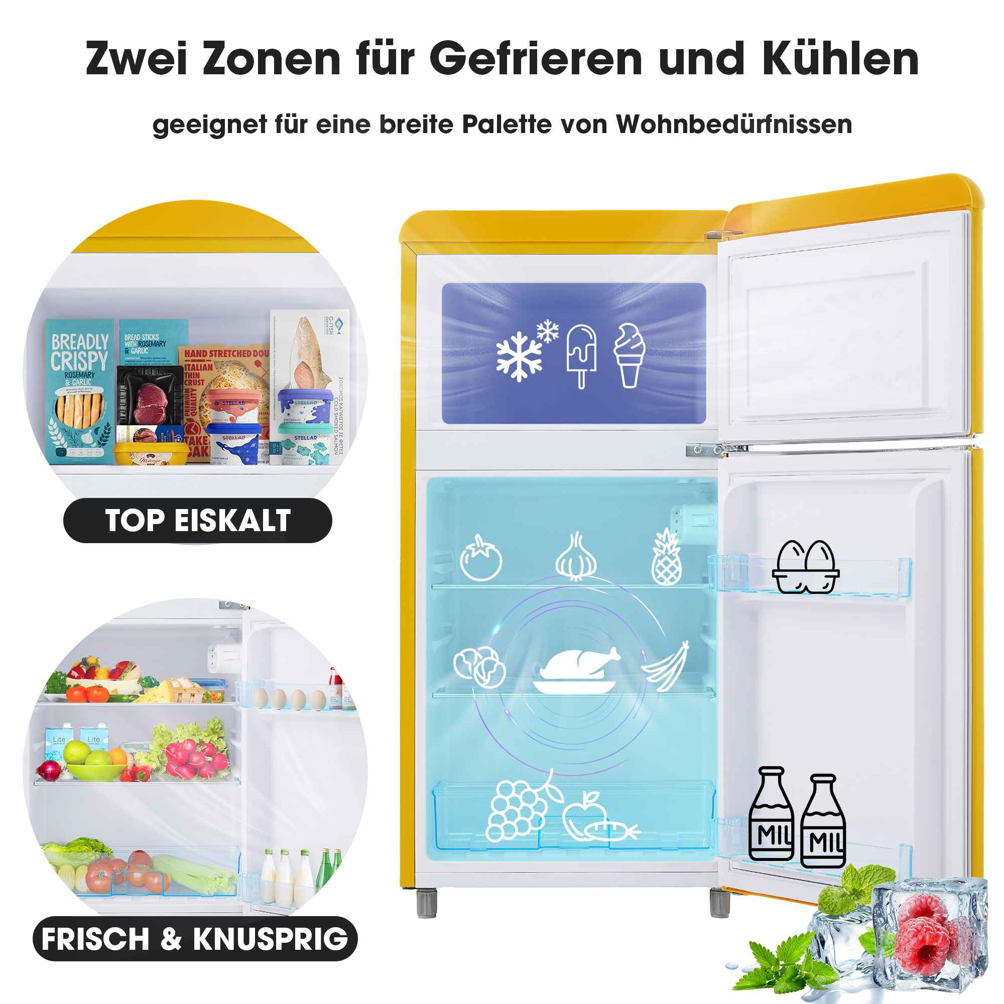 Ein gelber Kühlschrank mit geöffneten Türen, der das Innere mit Lebensmitteln und Diagrammen von Symbolen zeigt.