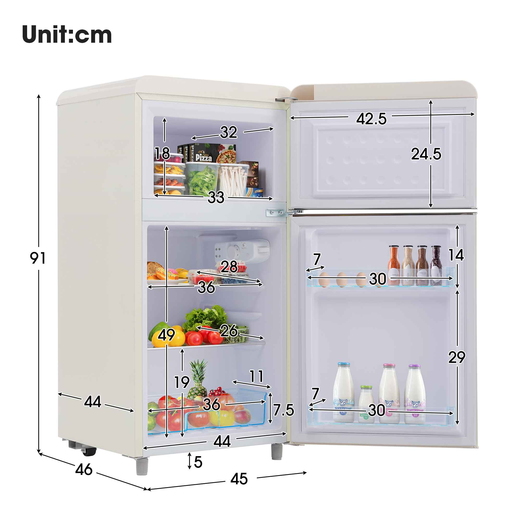 Ein Kühlschrank mit offenen Türen, der die Innenmaße zeigt. Der Kühlschrank zeigt Lebensmittel und Maße.
