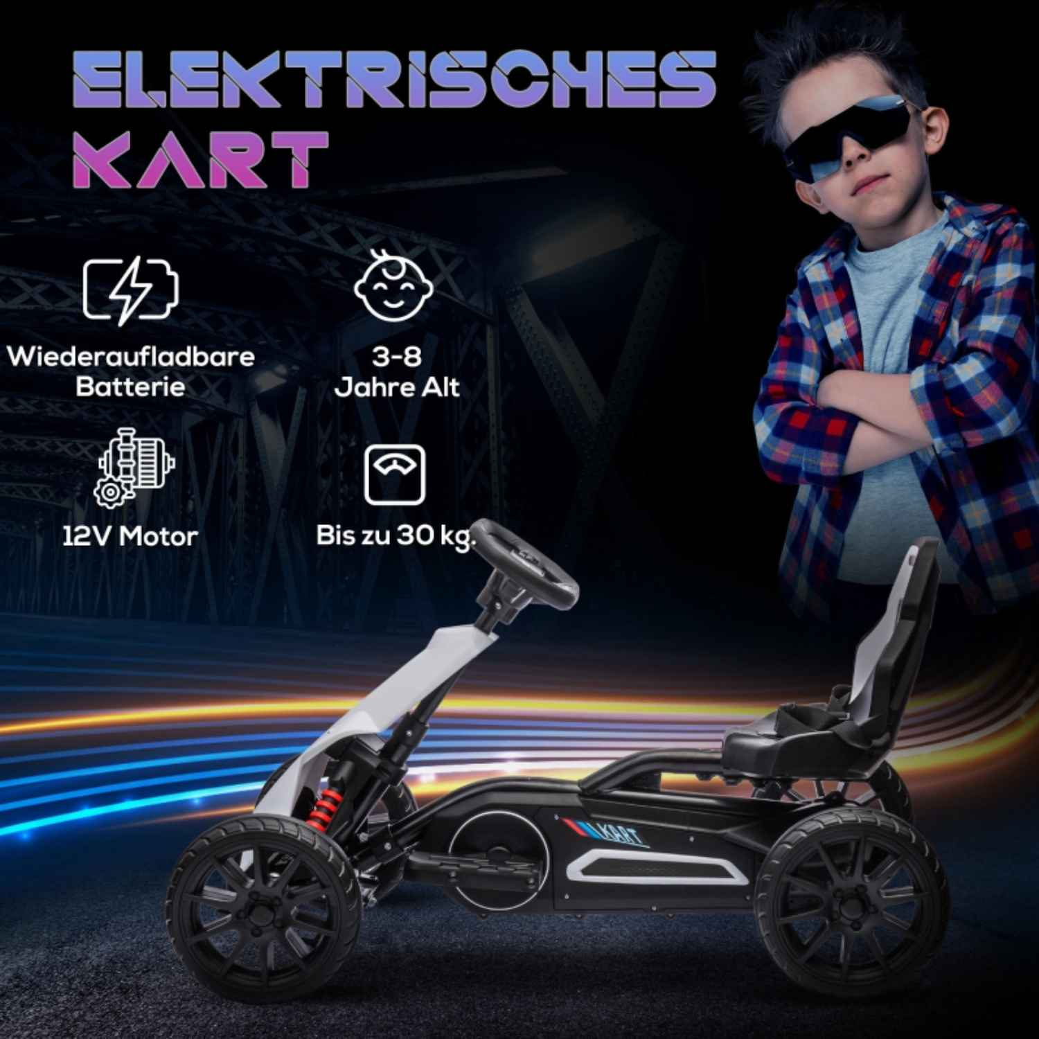Ein Junge mit Sonnenbrille steht neben einem Go-Kart mit dem Text 'ELEKTRISCHES KART'.