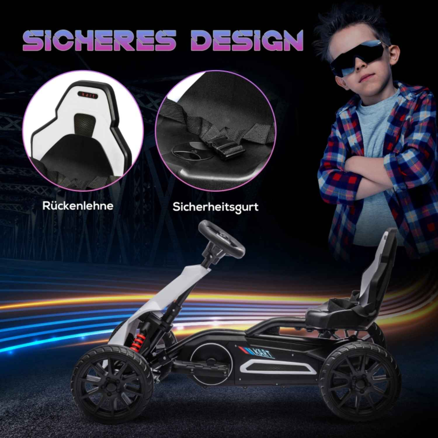 Ein Go-Kart mit einem Jungen und Details zu Sitz und Sicherheitsgurt. Der Junge trägt eine Sonnenbrille.