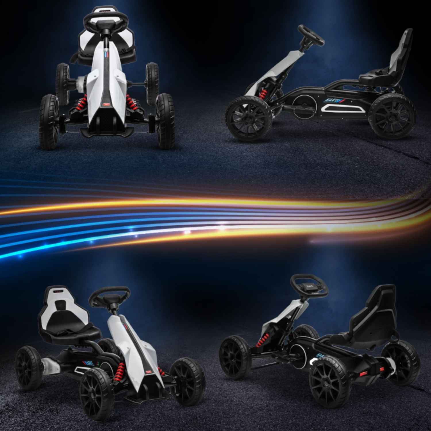 Vier Bilder eines Go-Karts aus verschiedenen Winkeln. Das Kart ist weiß und schwarz mit einem roten Stoßdämpfer.