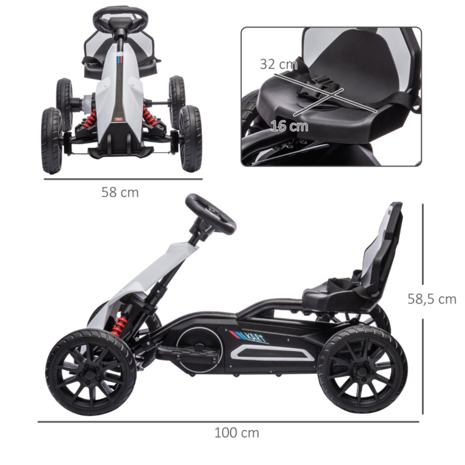 Go-Kart in Weiß und Schwarz mit roten Akzenten. Abmessungen sind sichtbar. Vorder-, Seiten- und Draufsicht werden gezeigt.