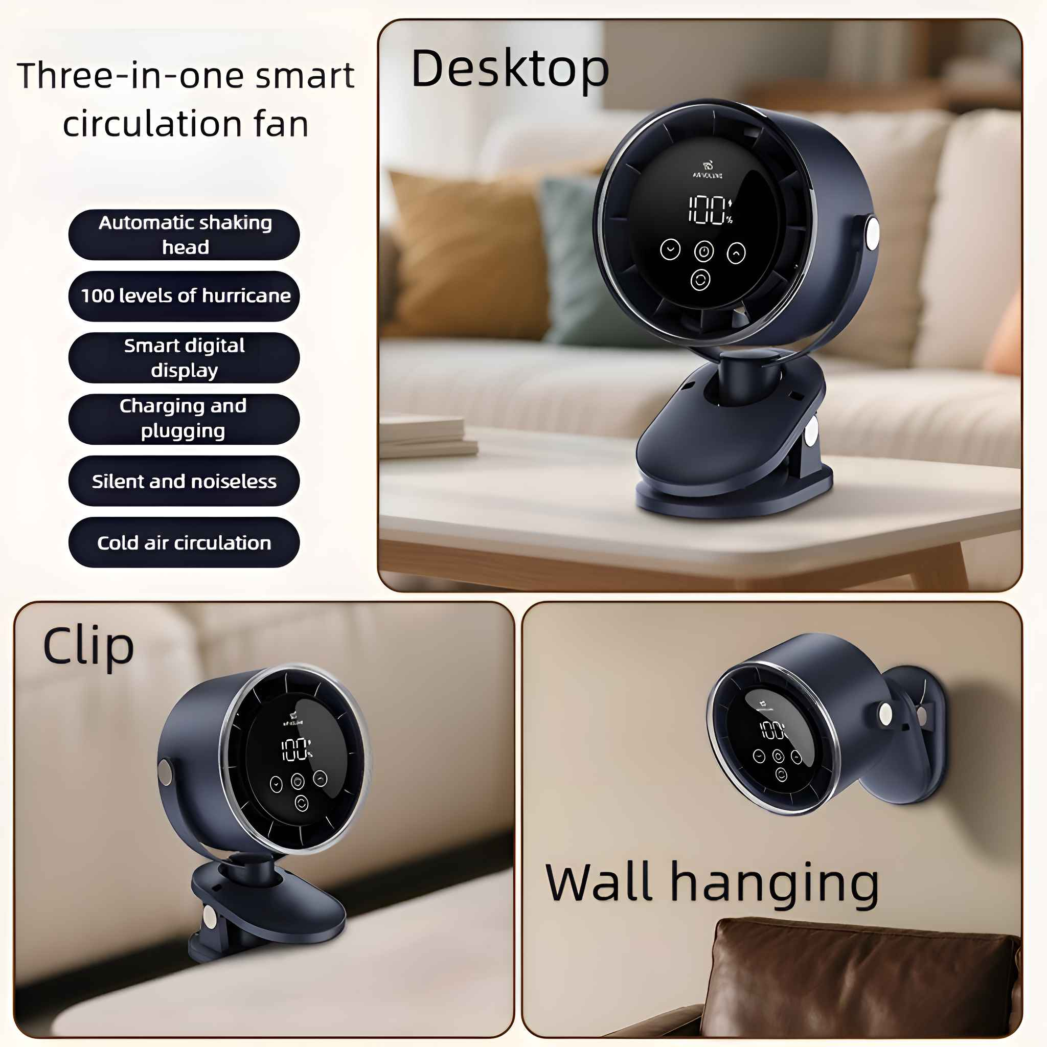 Ein 3-in-1 Smart-Umluftventilator mit mehreren Ansichten. Er hat ein digitales Display und kann angeklemmt werden.