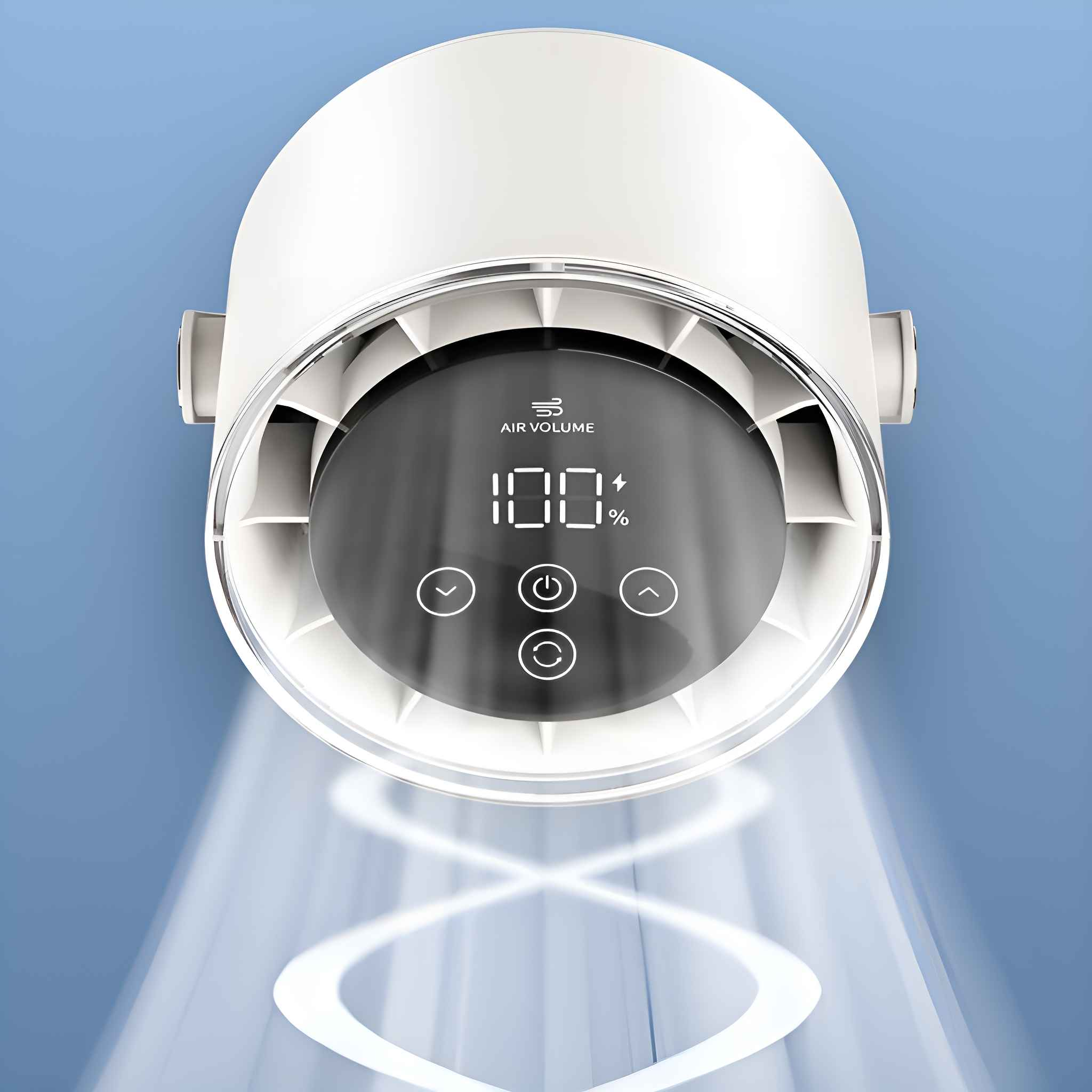 Ein Umluftventilator mit digitaler Anzeige, die 100 % anzeigt. Der Lüfter hat ein kreisförmiges Design mit Lichtern.