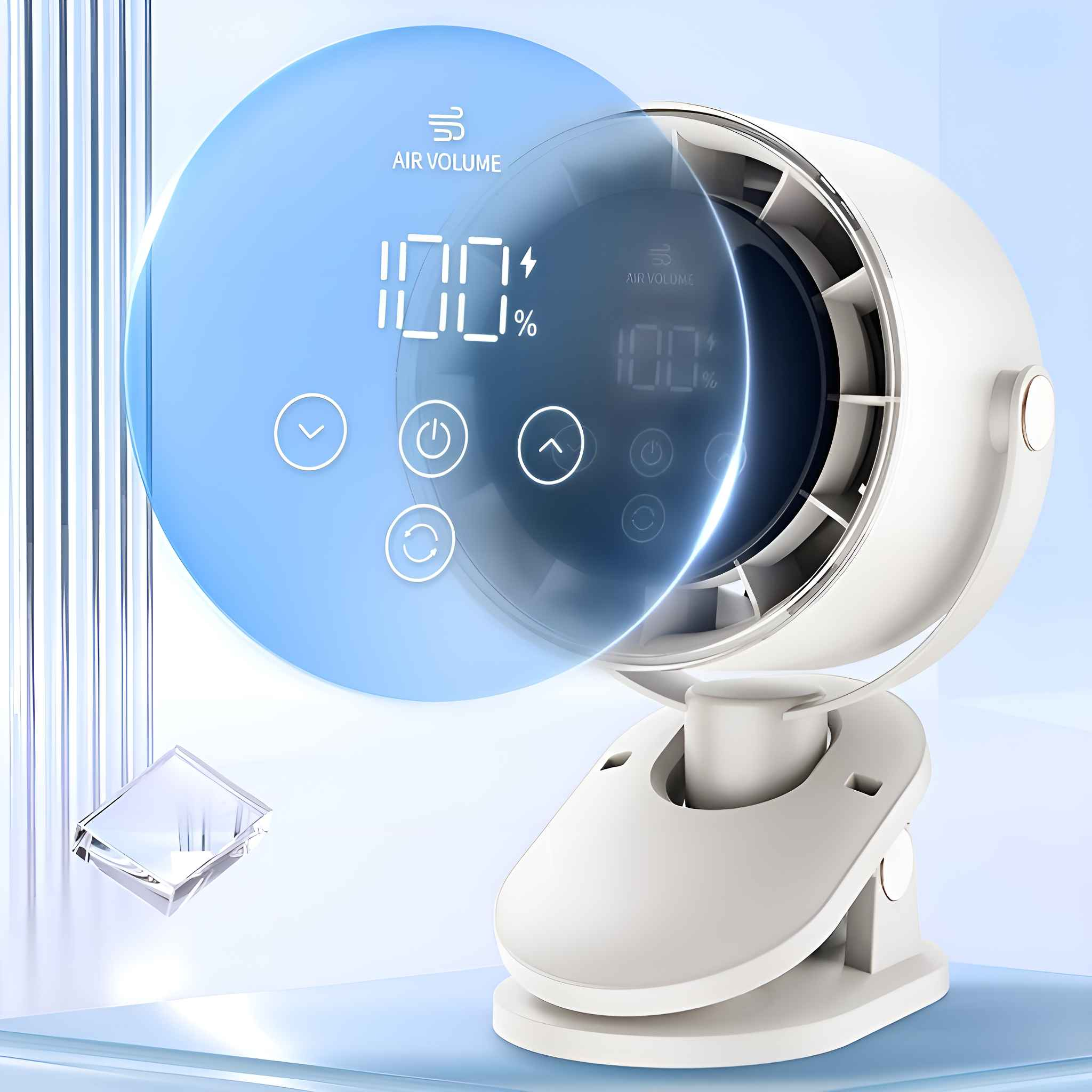 Ein weißer Ventilator mit digitaler Anzeige, die 100 % Luftvolumen anzeigt. Der Ventilator ist an einer Oberfläche befestigt.
